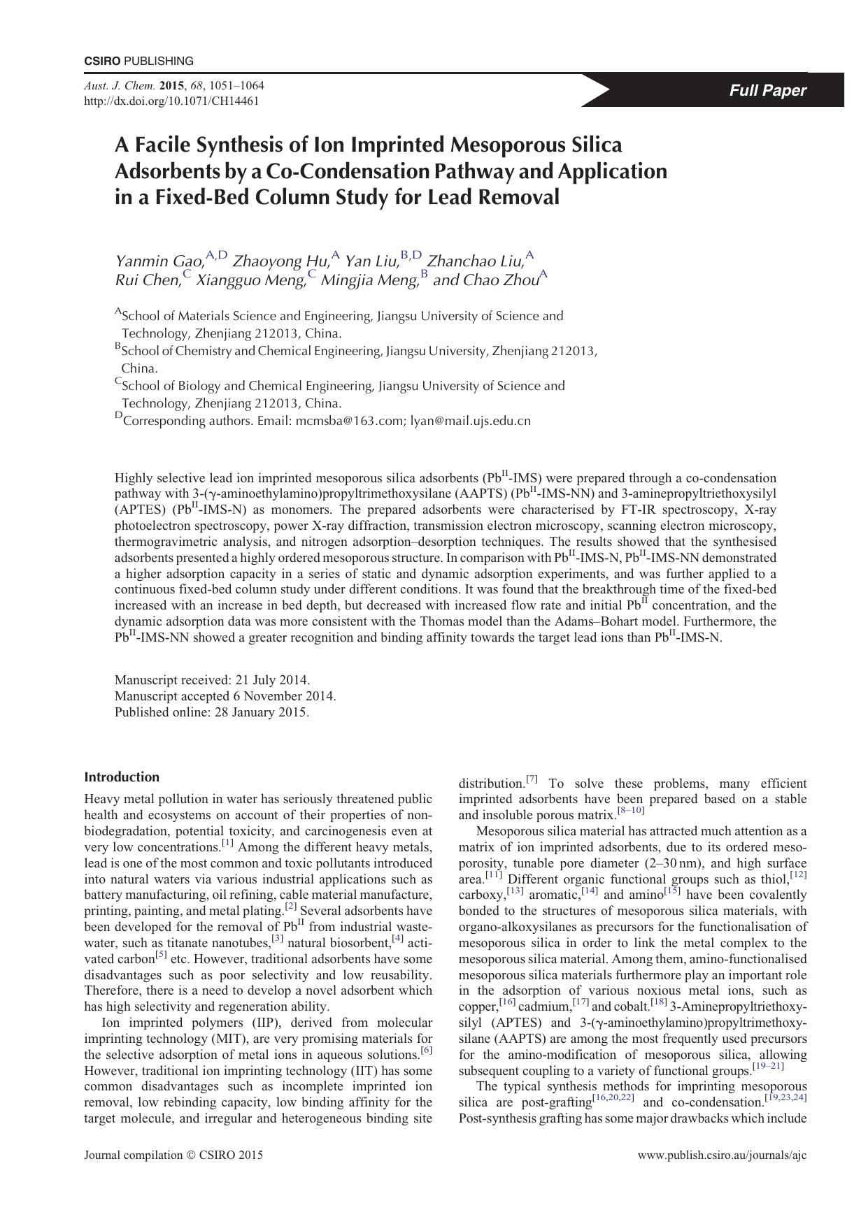 A Facile Synthesis of Ion Imprinted Mesoporous Silica Adsorbents by a Co-Condensation Pathway and Application in a Fixed-Bed Column Study for Lead Removal by Y. Gao et al