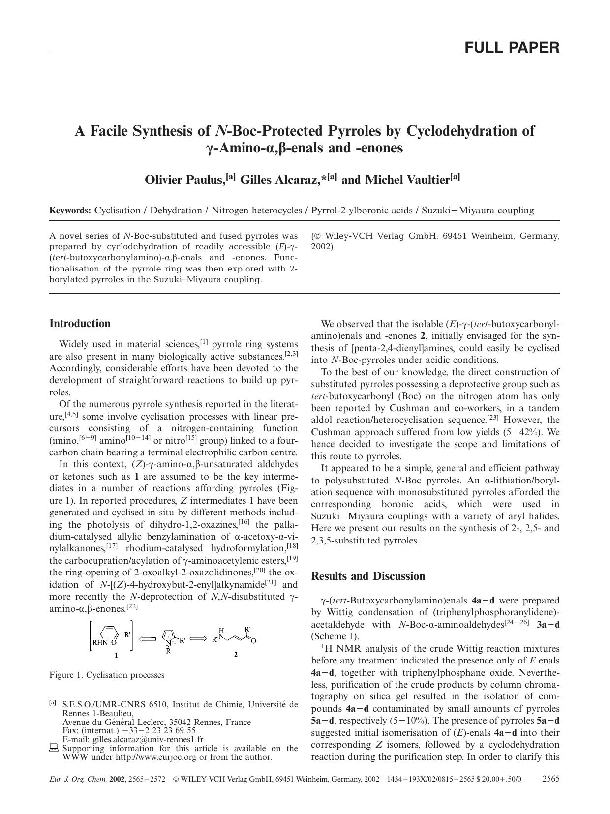 A Facile Synthesis of N-Boc-Protected Pyrroles by Cyclodehydration of [gamma]-Amino-[alpha],[beta]-enals and -enones by Unknown