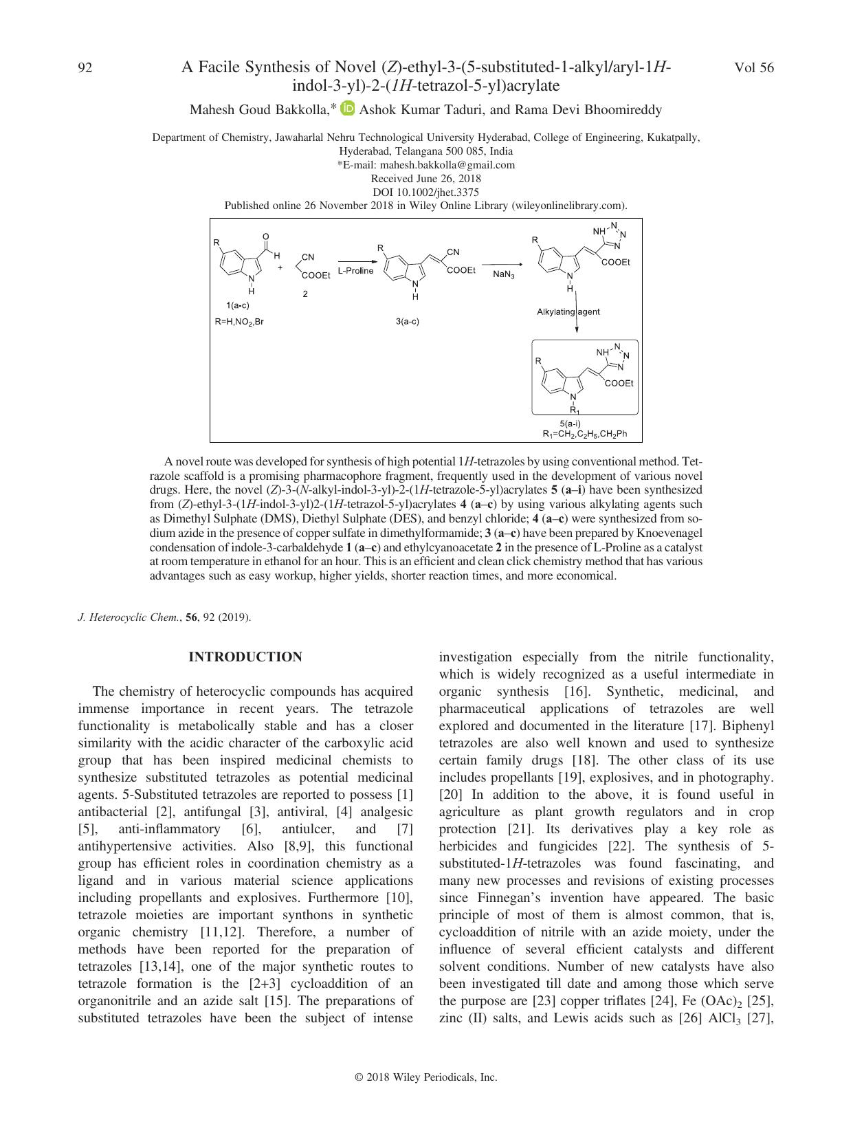 A Facile Synthesis of Novel (Z)-ethyl-3-(5-substituted-1-alkylaryl-1H-indol-3-yl)-2-(1H-tetrazol-5-yl)acrylate by Mahesh Goud Bakkolla Ashok Kumar Taduri Rama Devi Bhoomireddy