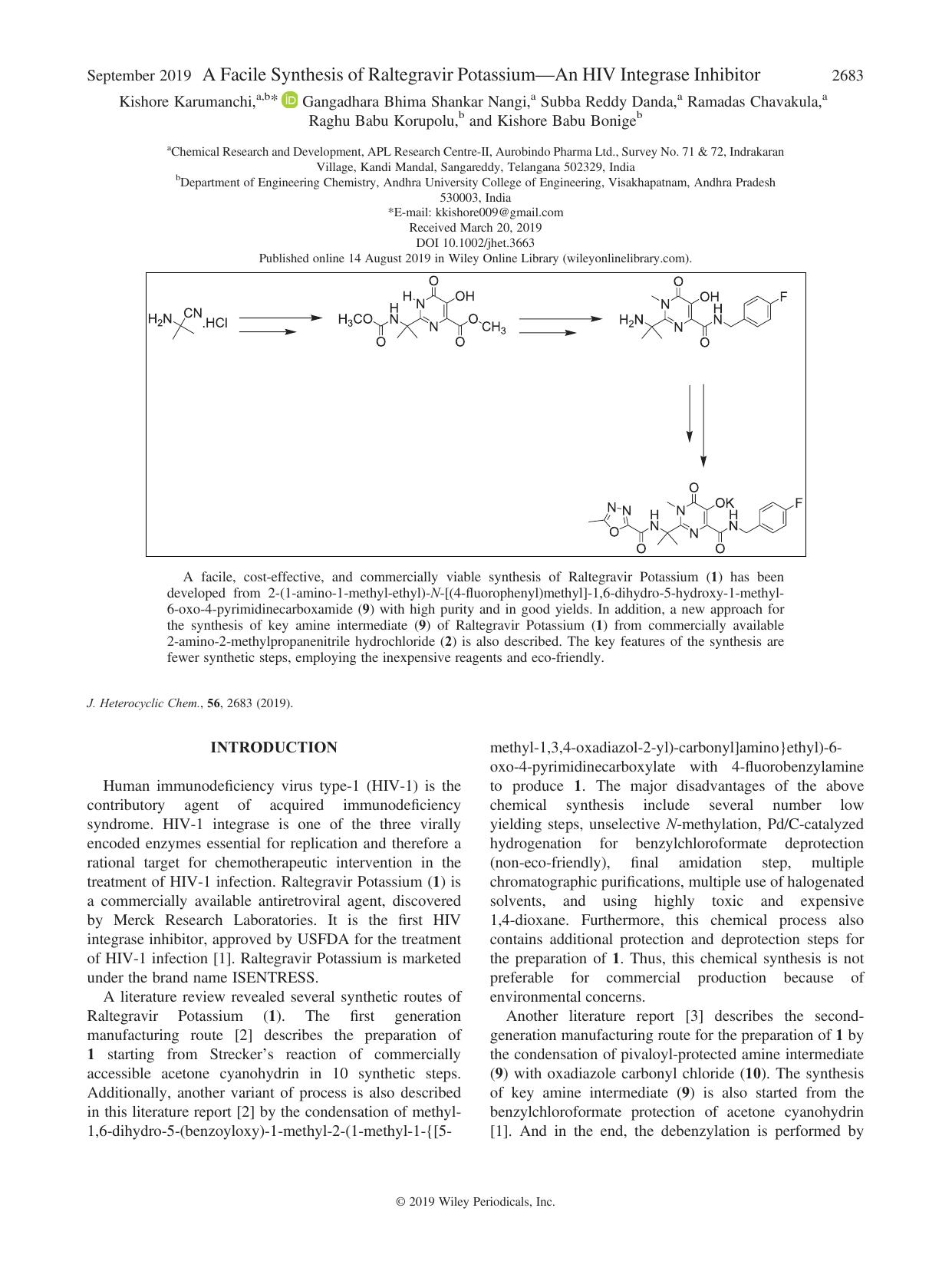 A Facile Synthesis of Raltegravir PotassiumâAn HIV Integrase Inhibitor by unknow