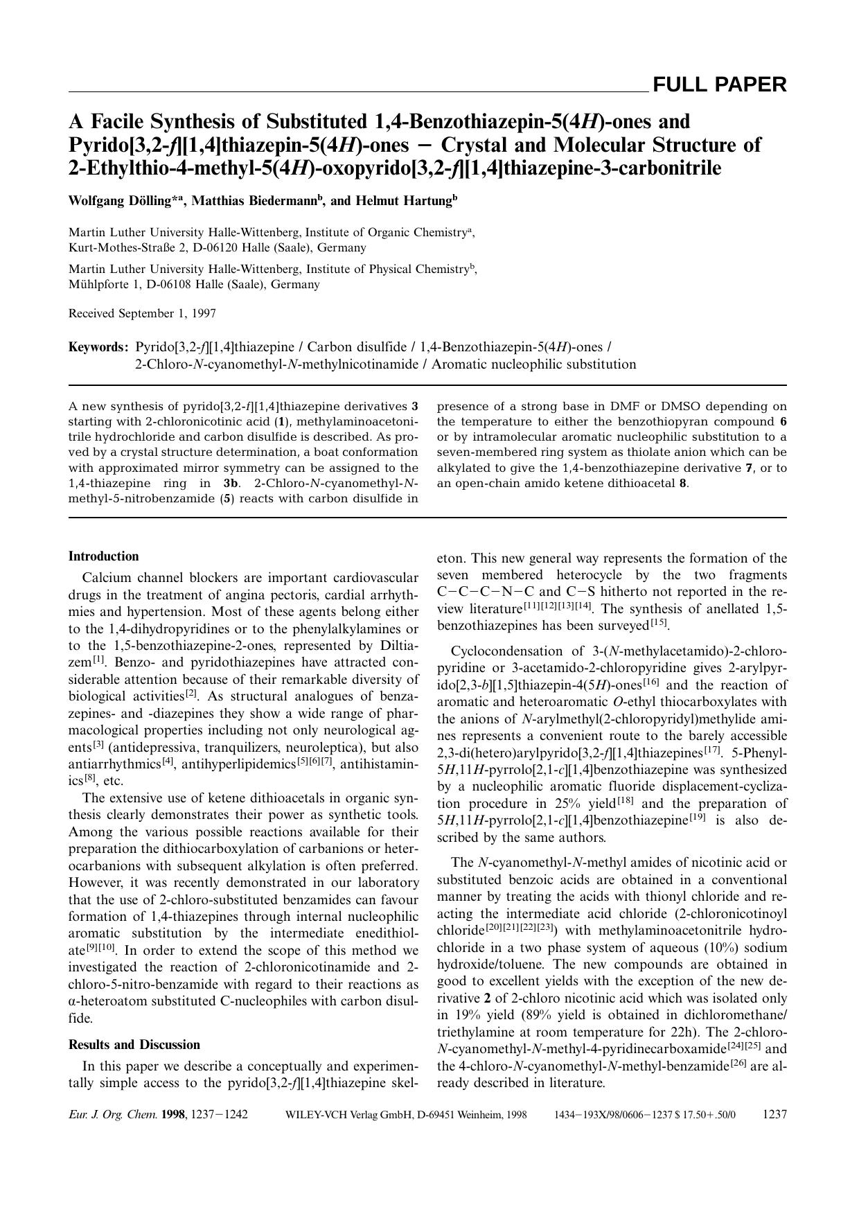 A Facile Synthesis of Substituted 1,4-Benzothiazepin-5(4H)-ones and Pyrido[3,2-f][1,4]thiazepin-5(4H)-ones [minus] Crystal and Molecular Structure of 2-Ethylthio-4-methyl-5(4H)-oxo by Unknown
