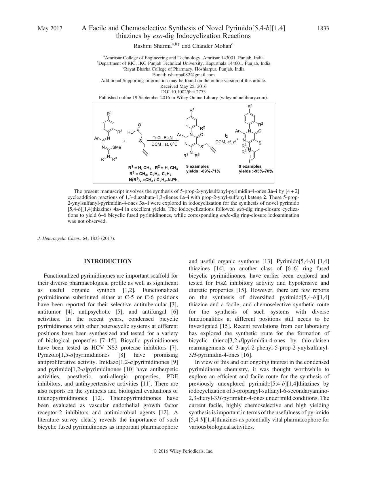 A Facile and Chemoselective Synthesis of Novel Pyrimido[5,4-b][1,4]thiazines by exo-dig Iodocyclization Reactions by Rashmi Sharma & Chander Mohan