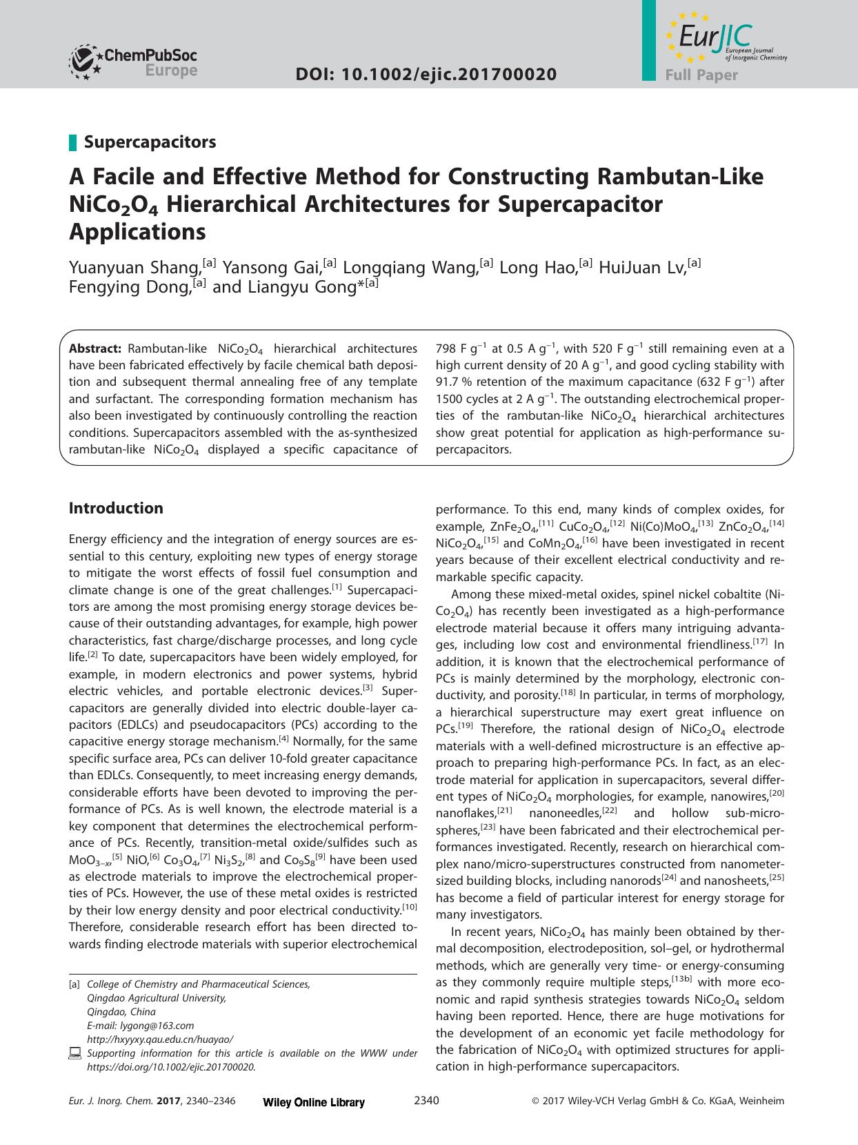 A Facile and Effective Method for Constructing Rambutan‐Like NiCo<sub>2<sub>O<sub>4<sub> Hierarchical Architectures for Supercapacitor Applications by Unknown