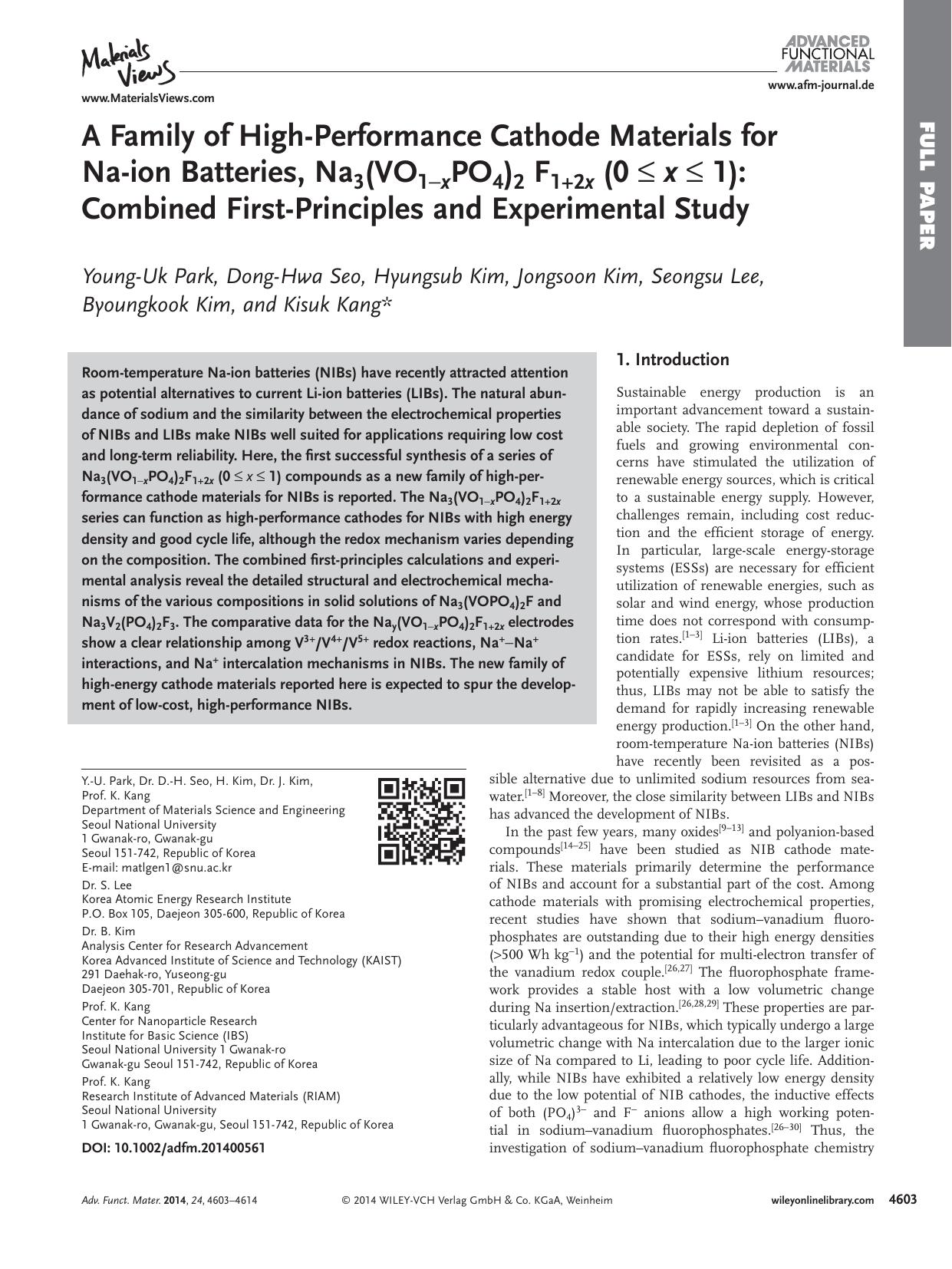 A Family of HighPerformance Cathode Materials for Naion Batteries, Na3(VO1xPO4)2 F1+2x (0 x 1): Combined FirstPrinciples and Experimental Study by processteam