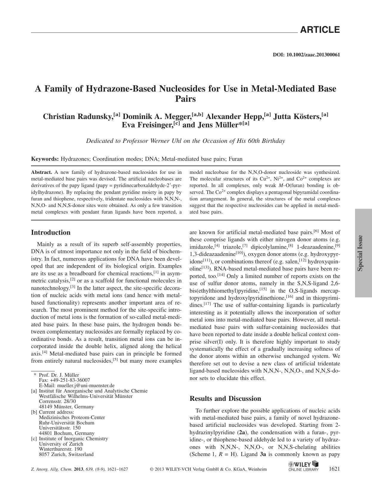 A Family of HydrazoneBased Nucleosides for Use in MetalMediated Base Pairs by Unknown