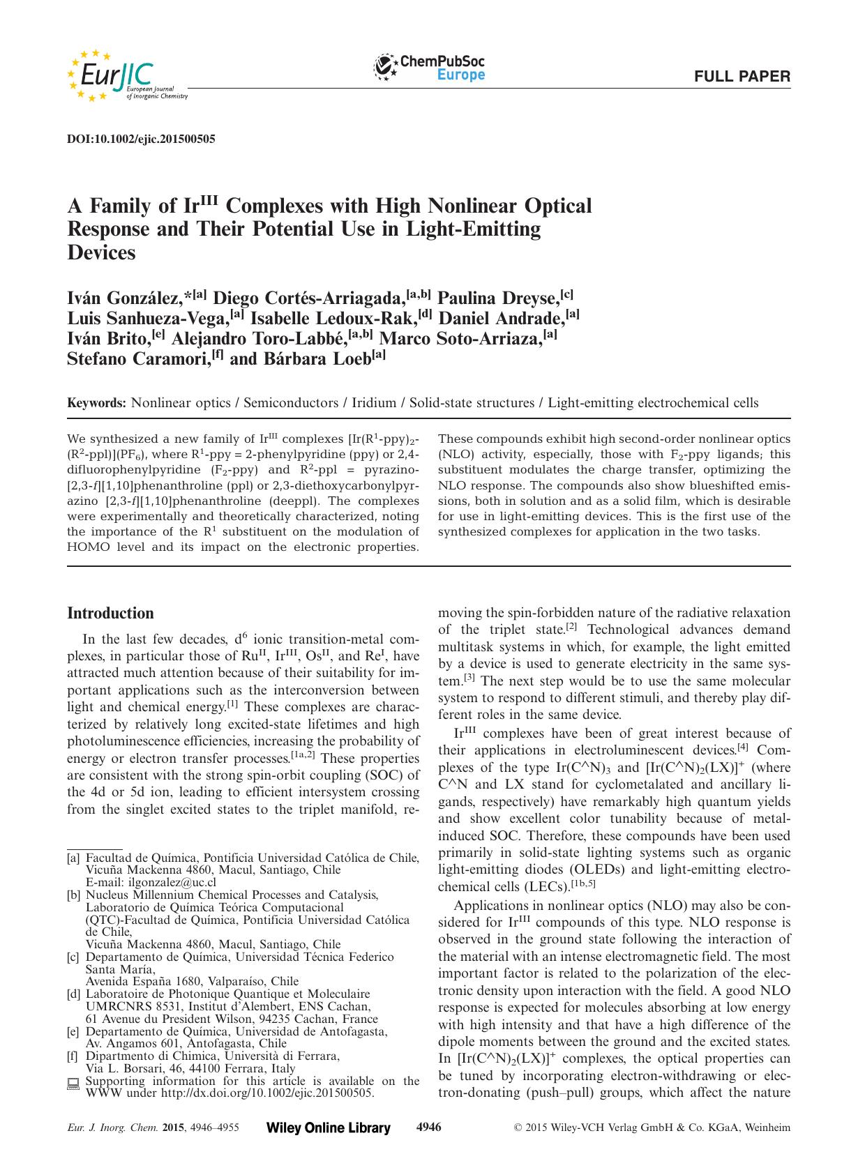 A Family of IrIII Complexes with High Nonlinear Optical Response and Their Potential Use in LightEmitting Devices by Unknown