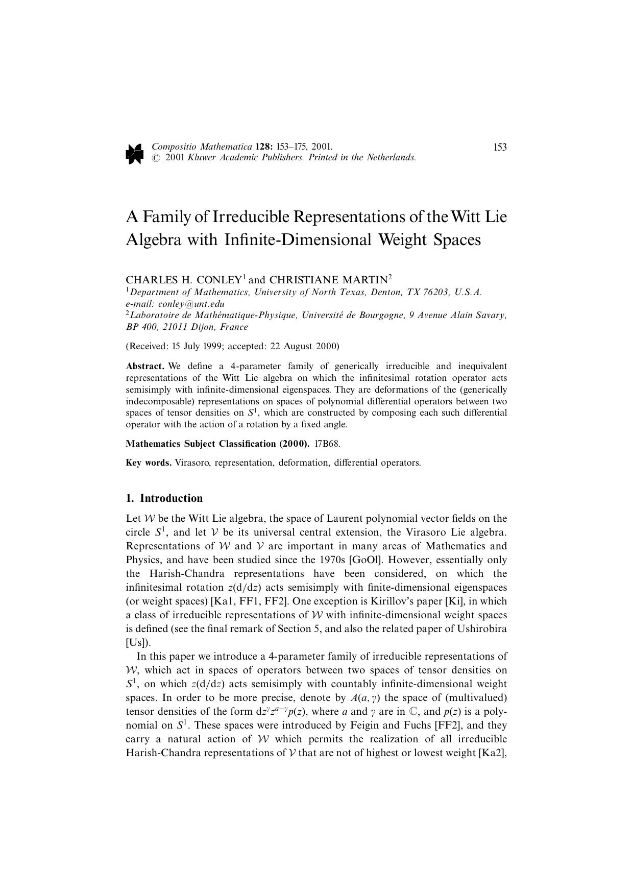 A Family of Irreducible Representations of the Witt Lie Algebra with Infinite-Dimensional Weight Spaces by Unknown
