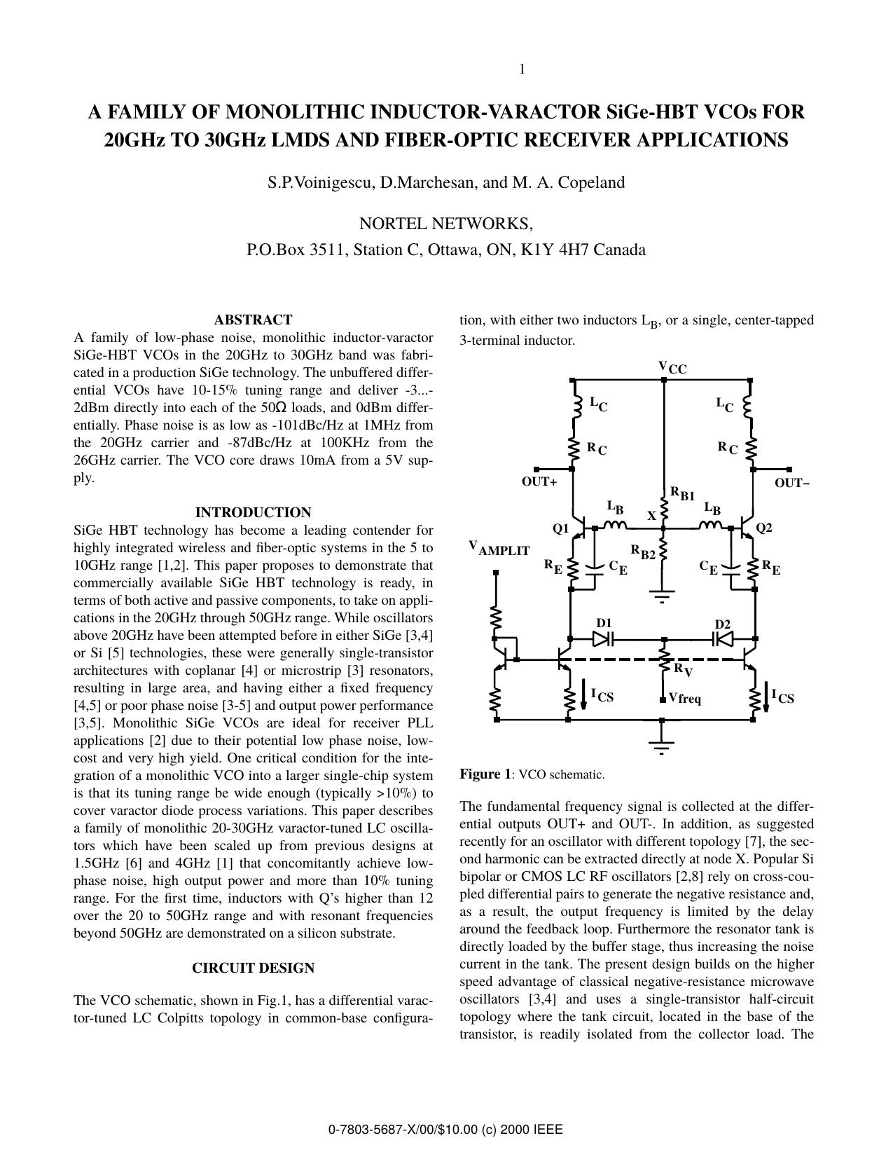 A Family of Monolithic Inductor-Varactor SiGe-HBT VCOs for 20GHz to 30GHz LMDS and Fiber-Optic Receiver Applications by S. P. Voinigescu D. Marchesan & M. A. Copeland