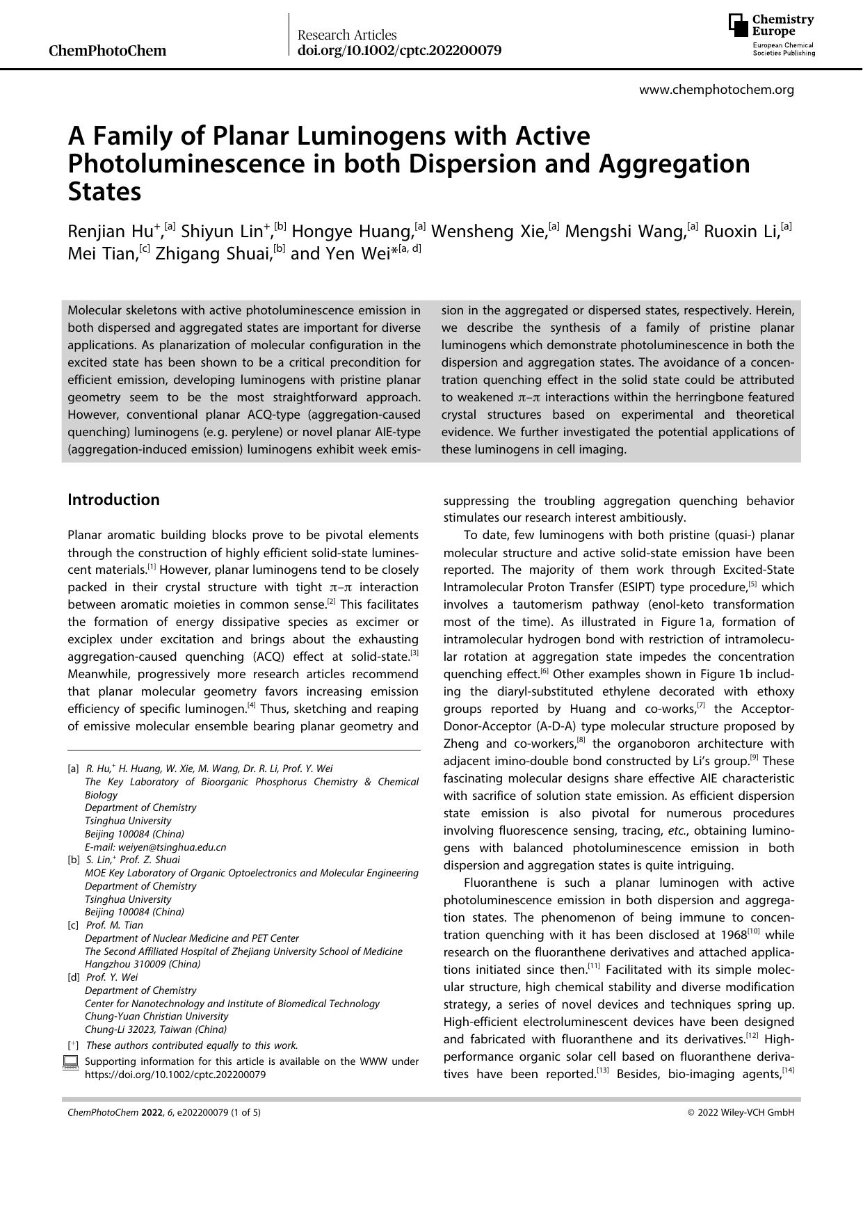 A Family of Planar Luminogens with Active Photoluminescence in both Dispersion and Aggregation States by Unknown