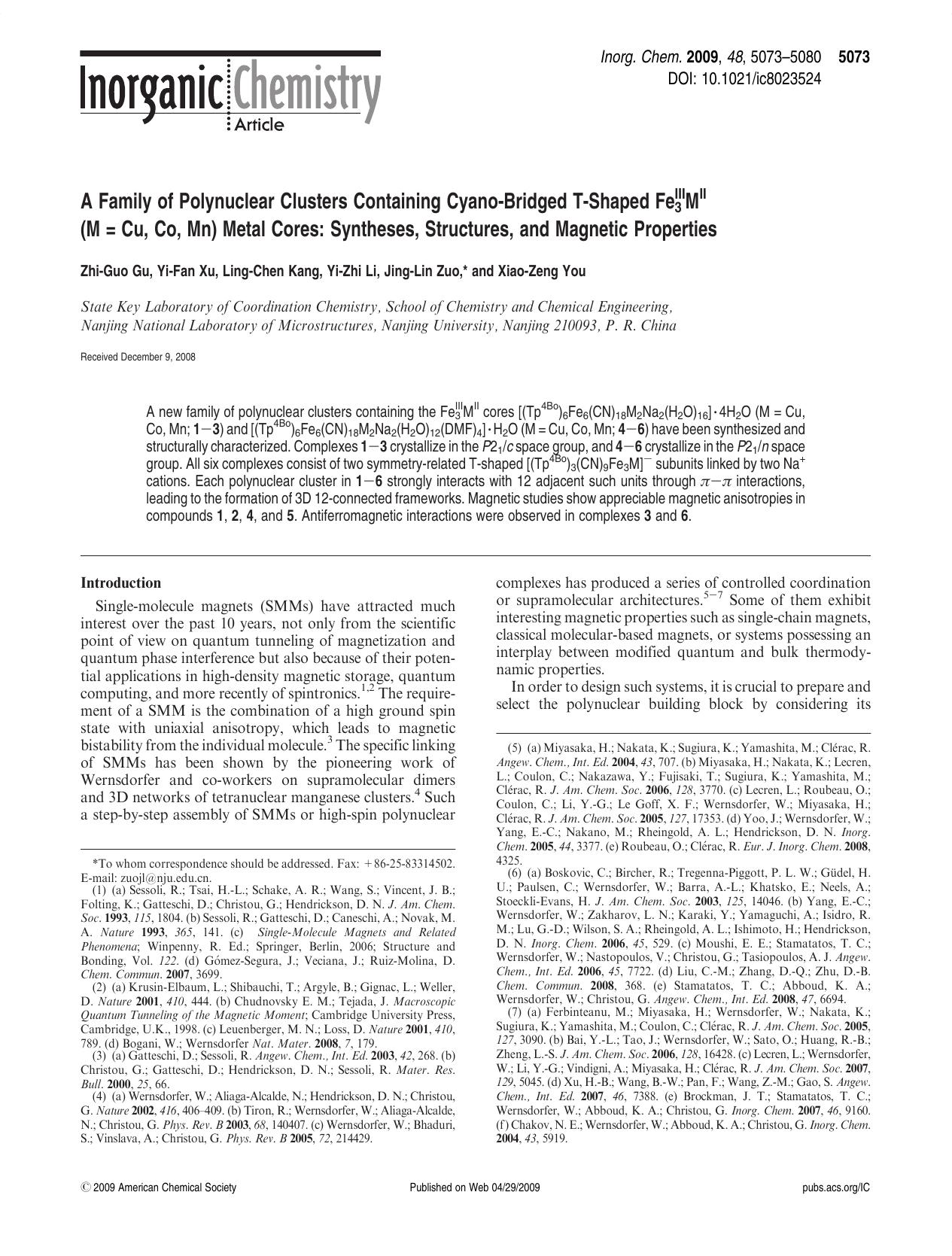 A Family of Polynuclear Clusters Containing Cyano-Bridged T-Shaped FeIII3MII (M = Cu, Co, Mn) Metal Cores: Syntheses, Structures, and Magnetic Properties by unknow