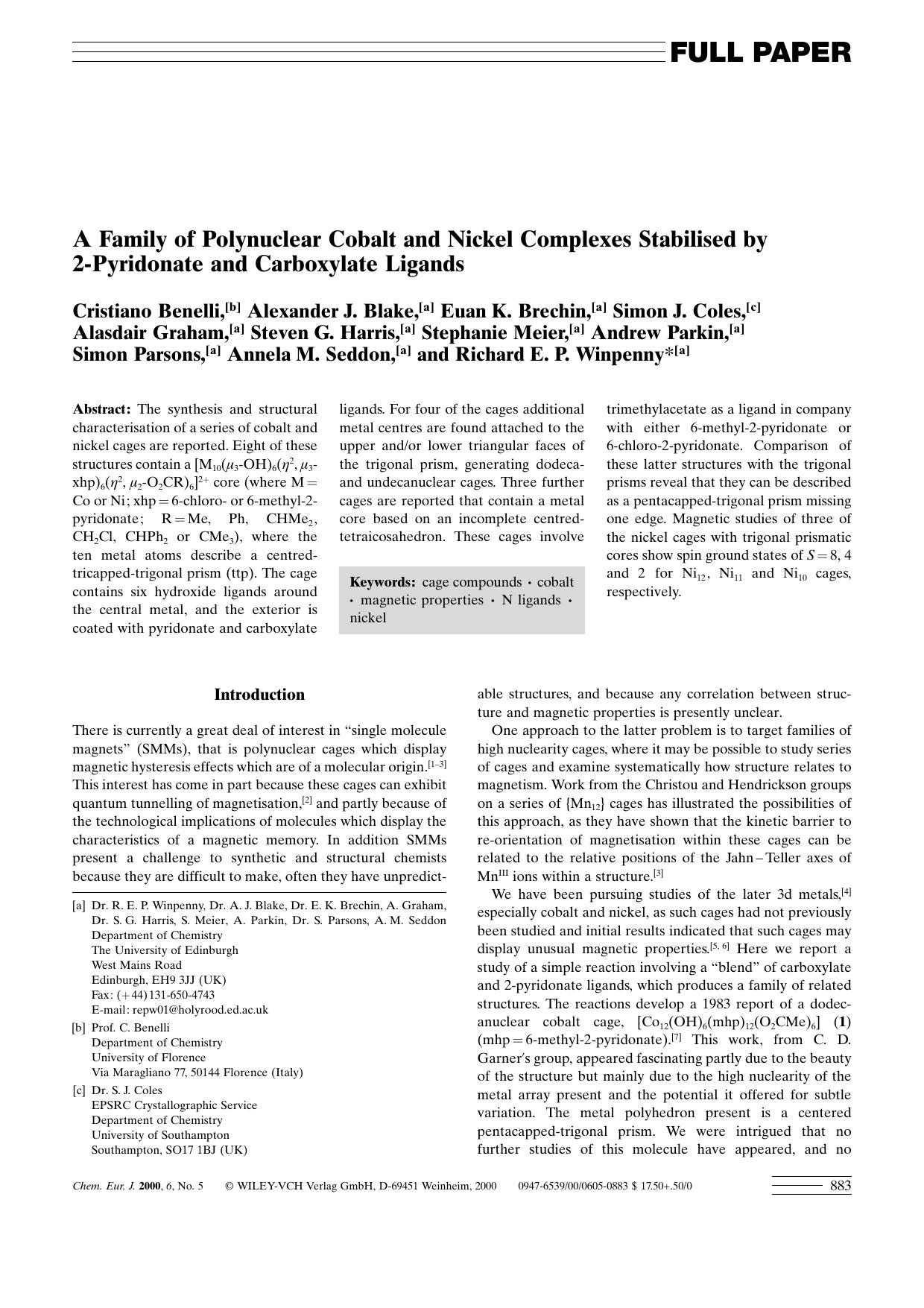 A Family of Polynuclear Cobalt and Nickel Complexes Stabilised by 2-Pyridonate and Carboxylate Ligands by Unknown
