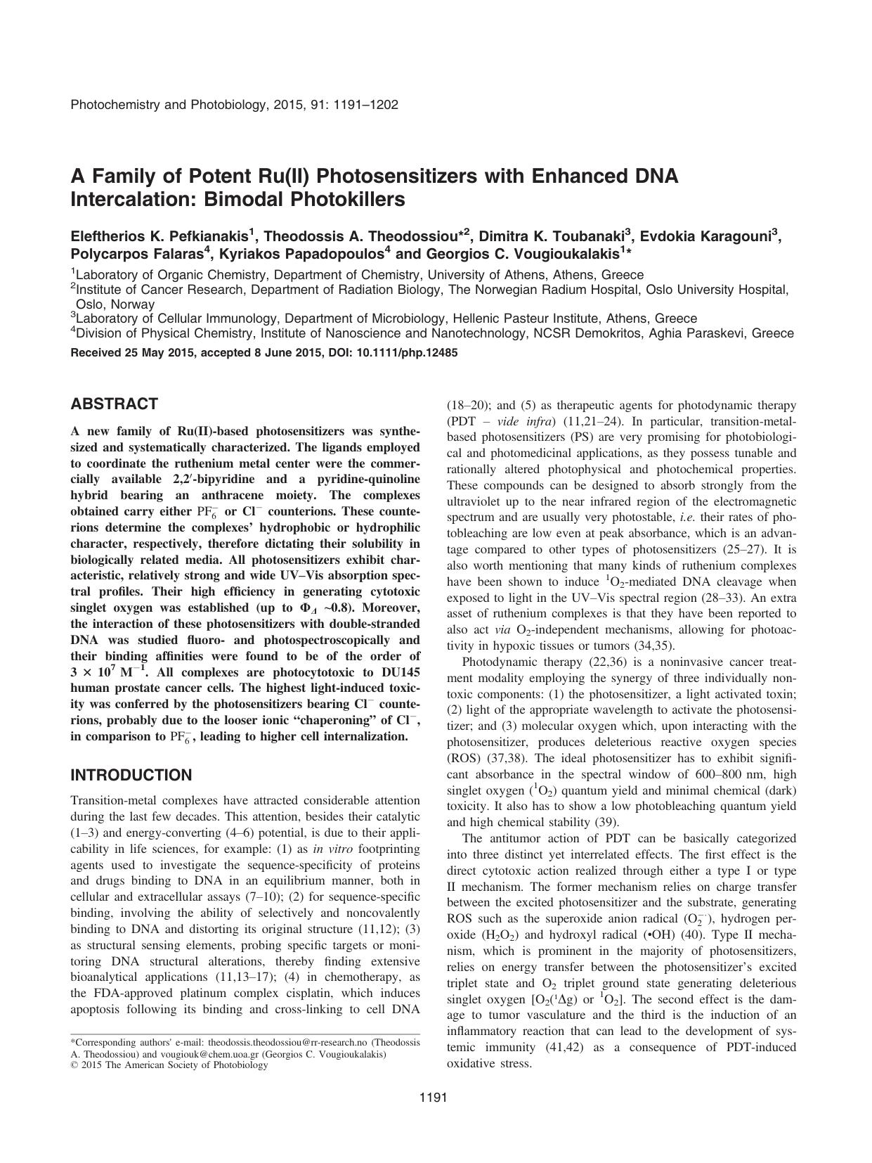 A Family of Potent Ru(II) Photosensitizers with Enhanced DNA Intercalation: Bimodal Photokillers by Unknown