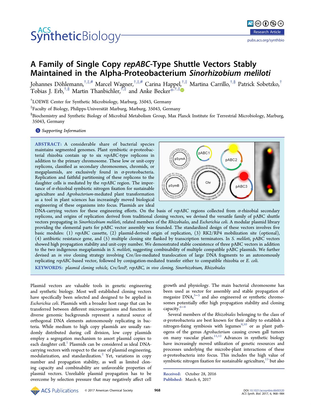 A Family of Single Copy repABC-Type Shuttle Vectors Stably Maintained in the Alpha-Proteobacterium Sinorhizobium meliloti by unknow