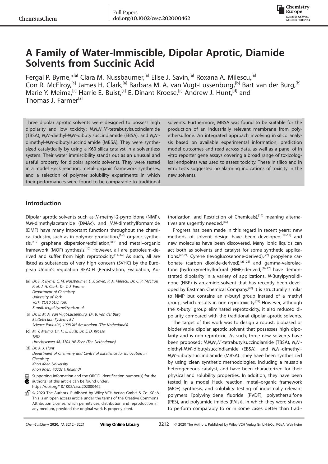 A Family of WaterâImmiscible, Dipolar Aprotic, Diamide Solvents from Succinic Acid by Unknown