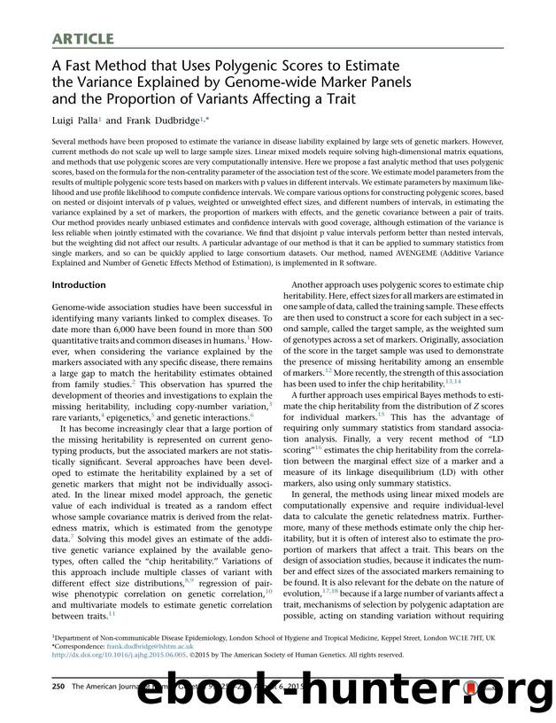 A Fast Method that Uses Polygenic Scores to Estimate the Variance Explained by Genome-wide Marker Panels and the Proportion of Variants Affecting a Trait by Luigi Palla & Frank Dudbridge