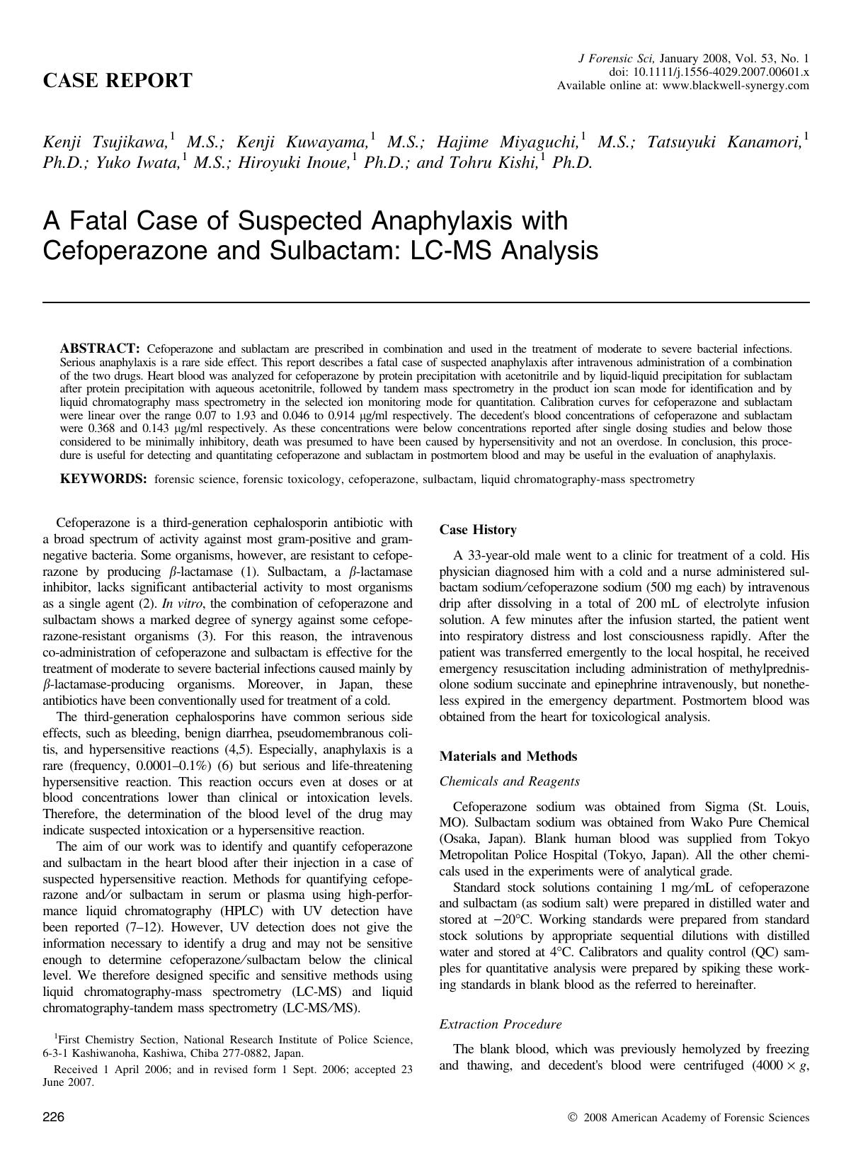 A Fatal Case of Suspected Anaphylaxis with Cefoperazone and Sulbactam: LC-MS Analysis by Unknown