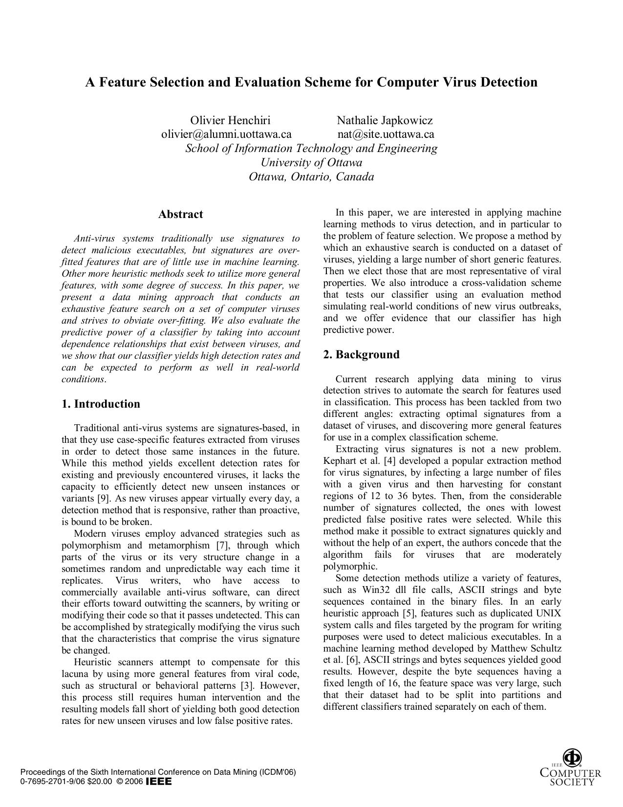 A Feature Selection and Evaluation Scheme for Computer Virus Detection by Unknown