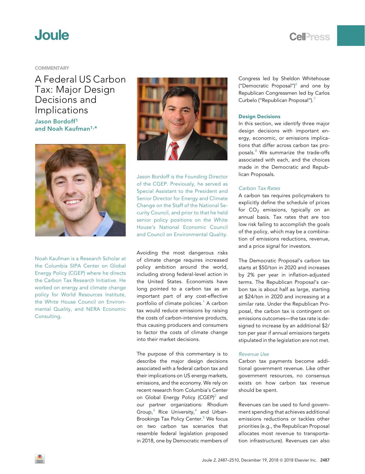 A Federal US Carbon Tax: Major Design Decisions and Implications by Jason Bordoff & Noah Kaufman