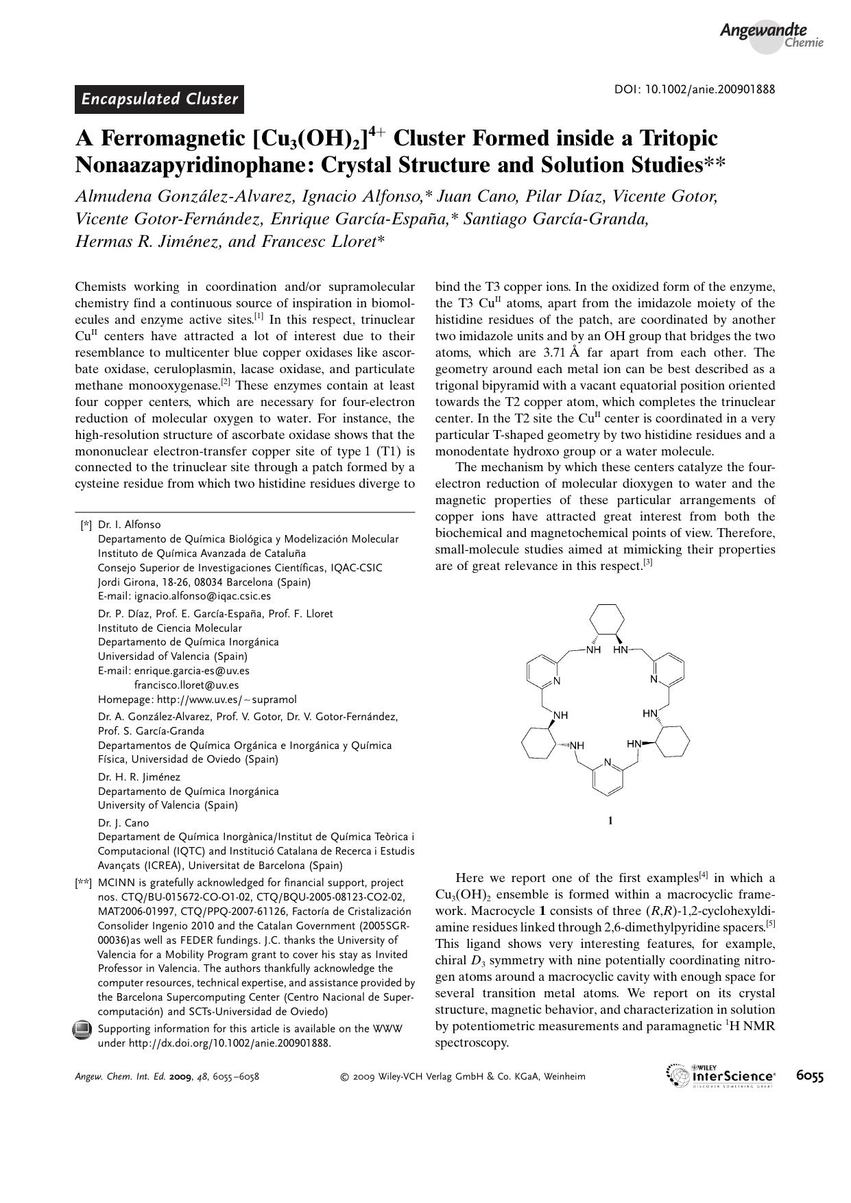 A Ferromagnetic [Cu3(OH)2]4+ Cluster Formed inside a Tritopic Nonaazapyridinophane: Crystal Structure and Solution Studies by Unknown