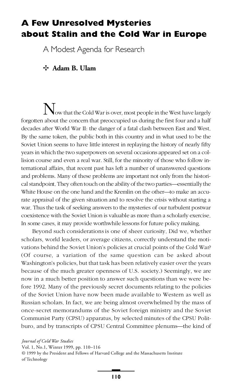 A Few Unresolved Mysteries about Stalin and the Cold War in Europe: A Modest Agenda for Research by Unknown