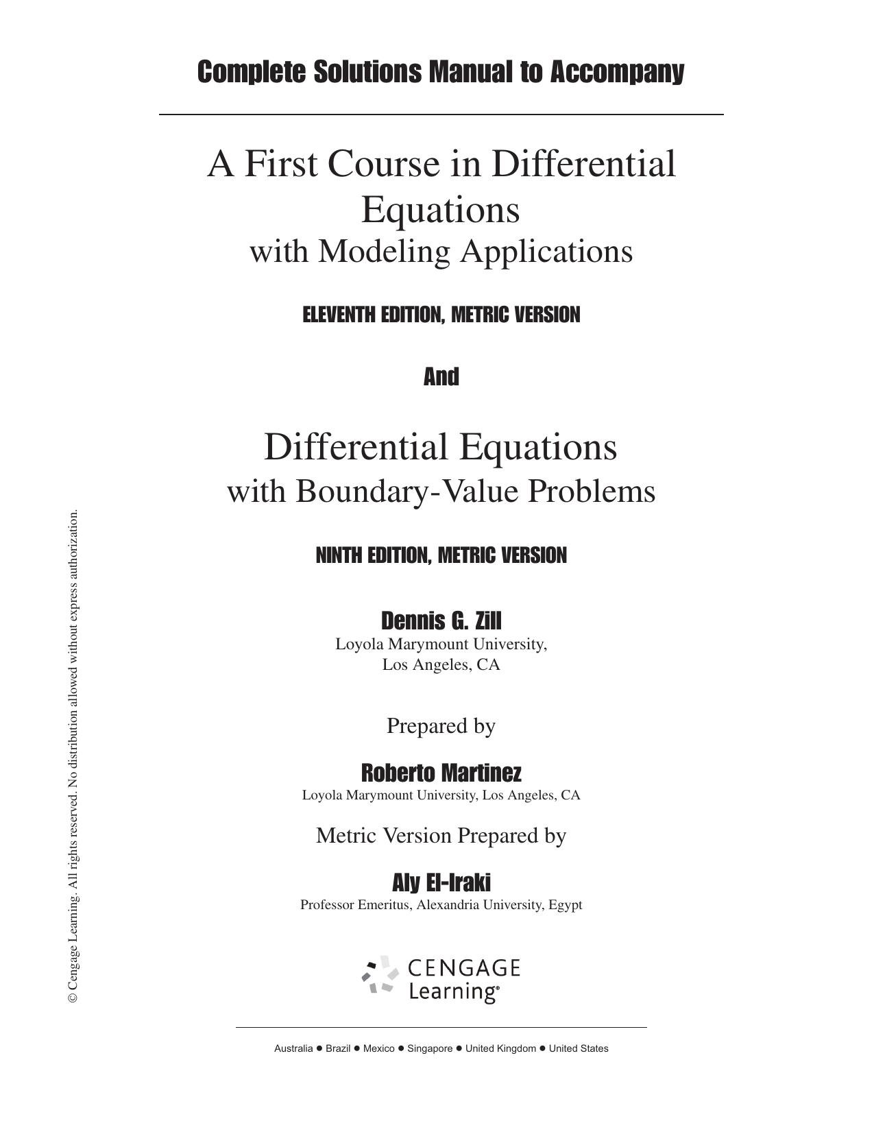 A First Course in Differential Equations with Modeling Applications Solutions Manual 11 ed by Dennis Zill Roberto Martinez