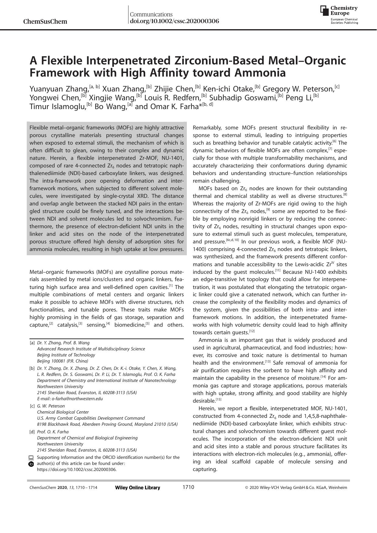 A Flexible Interpenetrated ZirconiumâBased MetalâOrganic Framework with High Affinity toward Ammonia by Unknown