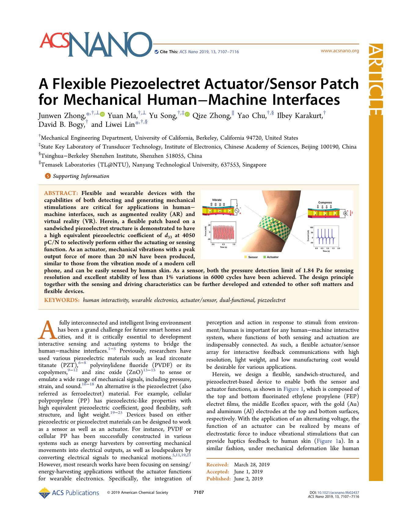 A Flexible Piezoelectret ActuatorSensor Patch for Mechanical HumanâMachine Interfaces by Junwen Zhong Yuan Ma Yu Song Qize Zhong Yao Chu Ilbey Karakurt David B. Bogy and Liwei Lin