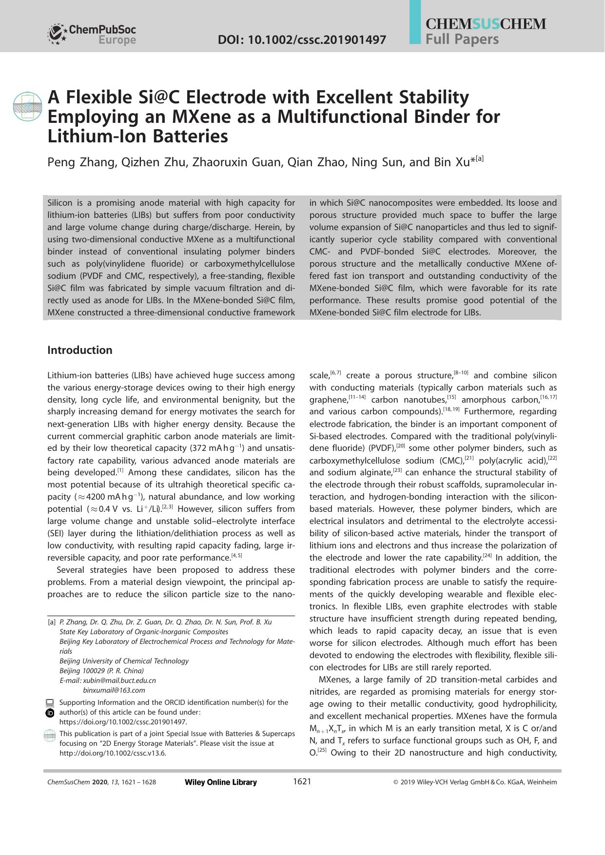 A Flexible Si@C Electrode with Excellent Stability Employing an MXene as a Multifunctional Binder for LithiumâIon Batteries by Unknown