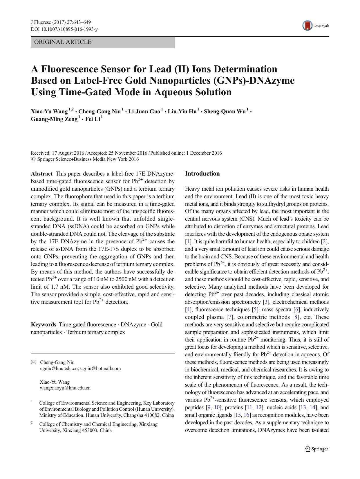 A Fluorescence Sensor for Lead (II) Ions Determination Based on Label-Free Gold Nanoparticles (GNPs)-DNAzyme Using Time-Gated Mode in Aqueous Solution by Xiao-Yu Wang & Cheng-Gang Niu & Li-Juan Guo & Liu-Yin Hu & Sheng-Quan Wu & Guang-Ming Zeng & Fei Li