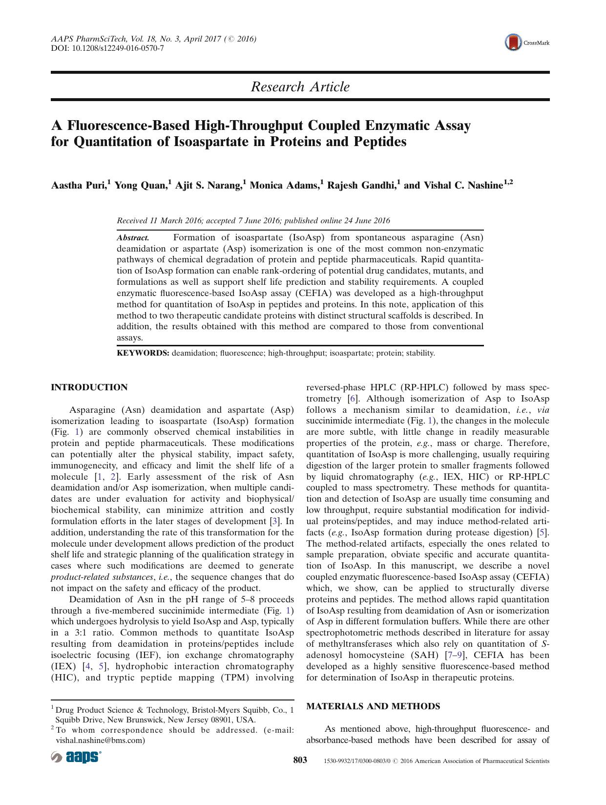 A Fluorescence-Based High-Throughput Coupled Enzymatic Assay for Quantitation of Isoaspartate in Proteins and Peptides by Aastha Puri & Yong Quan & Ajit S. Narang & Monica Adams & Rajesh Gandhi & Vishal C. Nashine