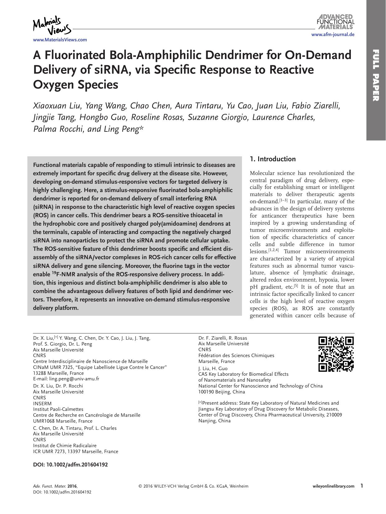 A Fluorinated Bola‐Amphiphilic Dendrimer for On‐Demand Delivery of siRNA, via Specific Response to Reactive Oxygen Species by Unknown