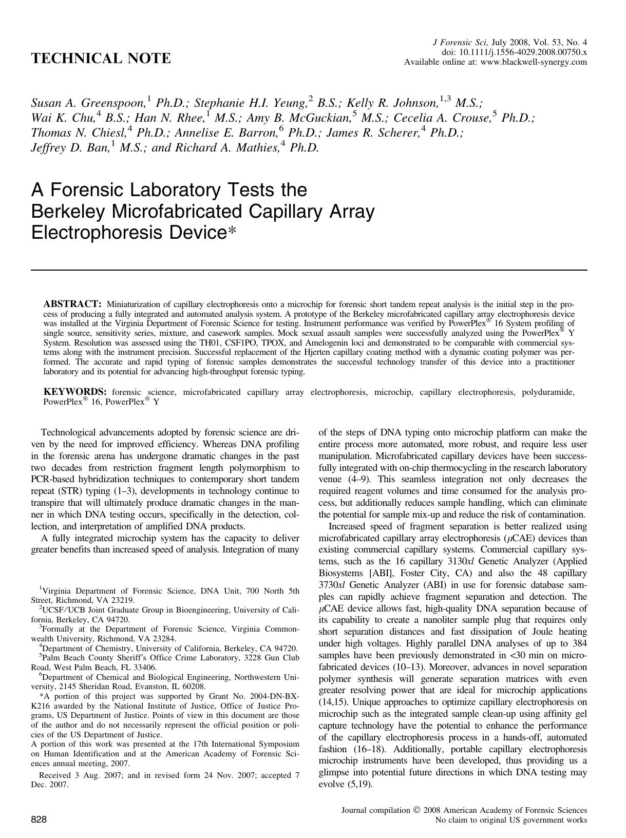 A Forensic Laboratory Tests the Berkeley Microfabricated Capillary Array Electrophoresis Device* by Unknown