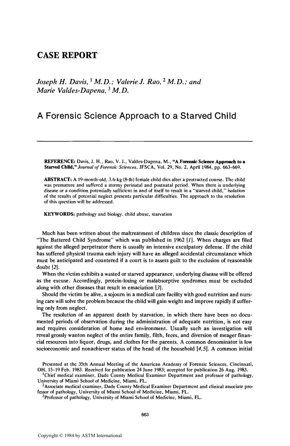A Forensic Science Approach to a Starved Child by Davis JH Rao VJ Valdes-Dapena M