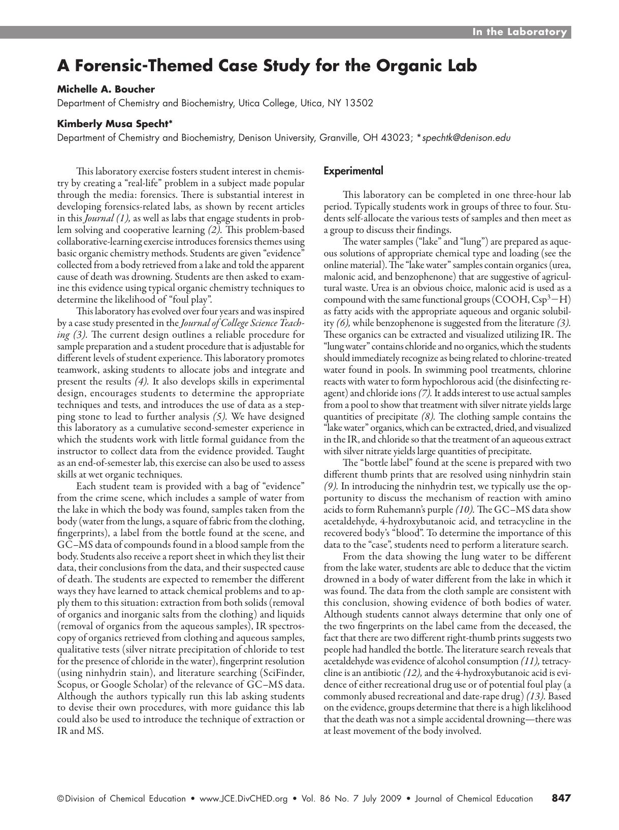 A Forensic-Themed Case Study for the Organic Lab by Michelle A. Boucher and Kimberly Musa Specht