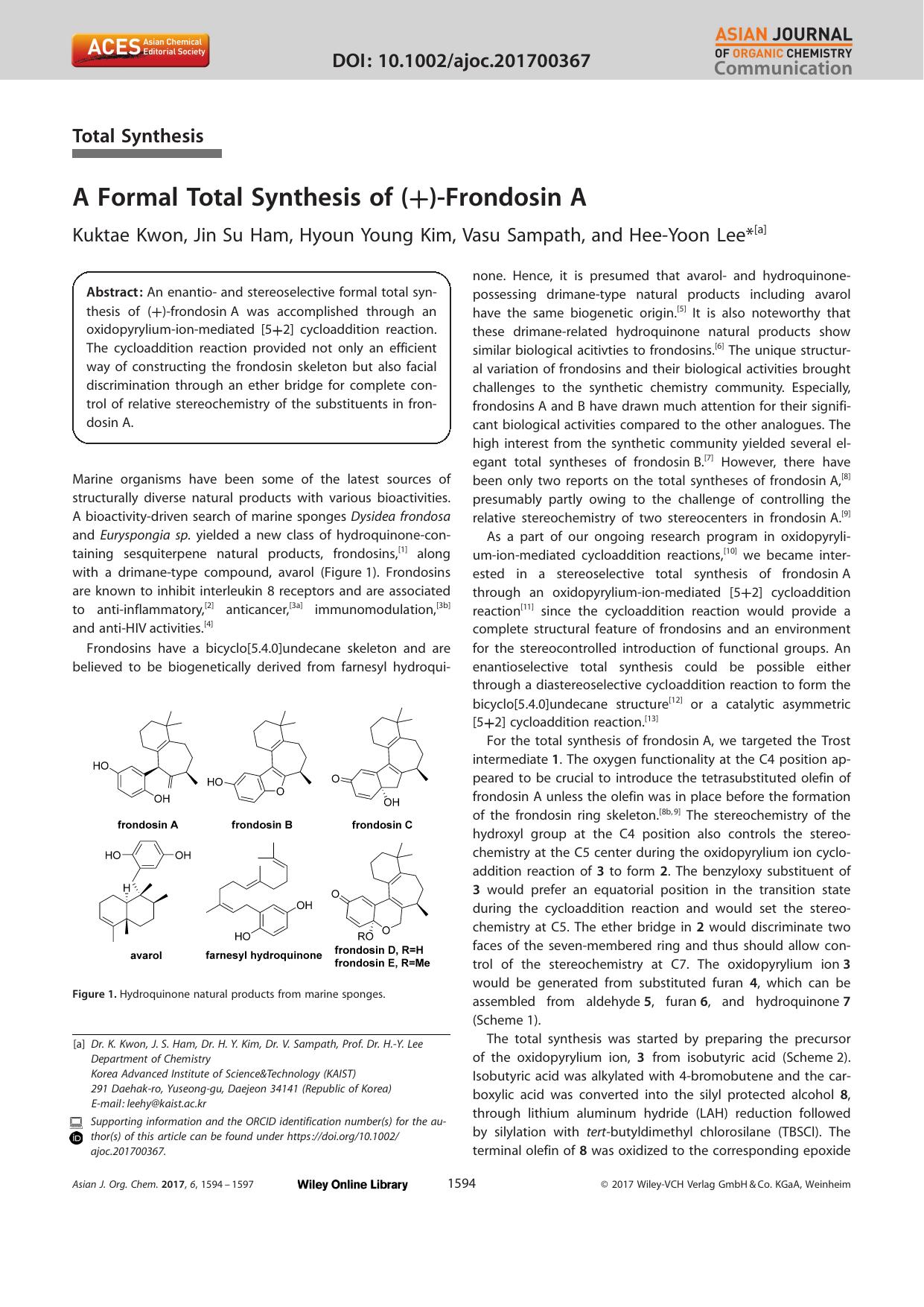 A Formal Total Synthesis of (+)âFrondosin A by Unknown