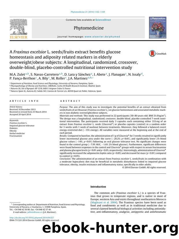 A Fraxinus excelsior L. seedsfruits extract benefits glucose homeostasis and adiposity related markers in elderly overweightobese subjects: A longitudinal, randomized, crossover, d by unknow