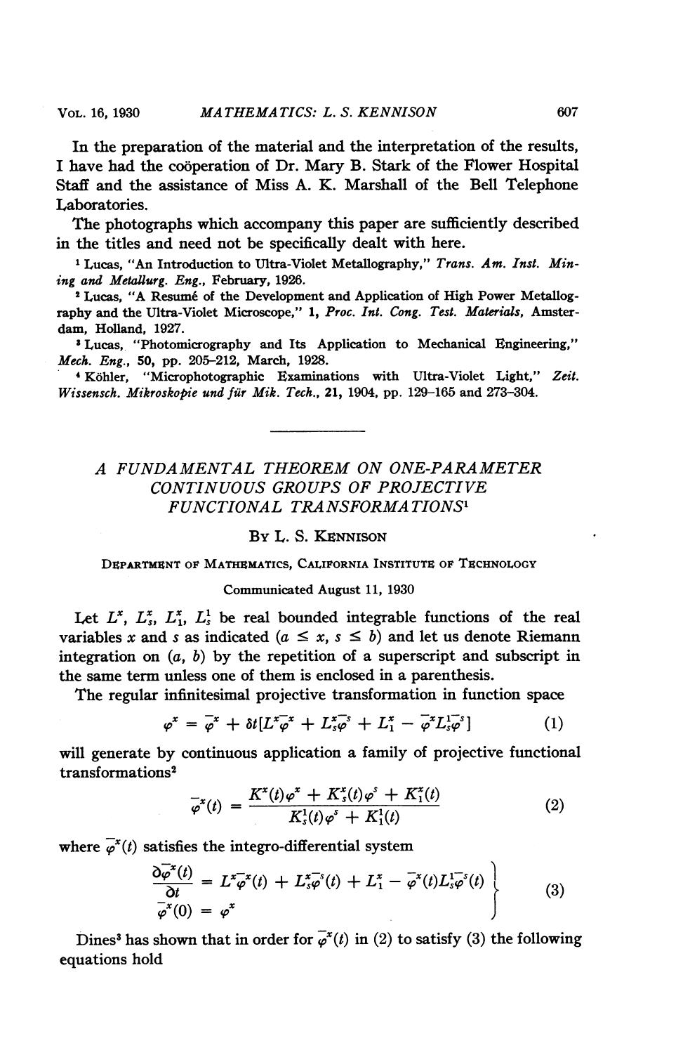 A Fundamental Theorem on One-Parameter Continuous Groups of Projective Functional Transformations by Kennison L. S