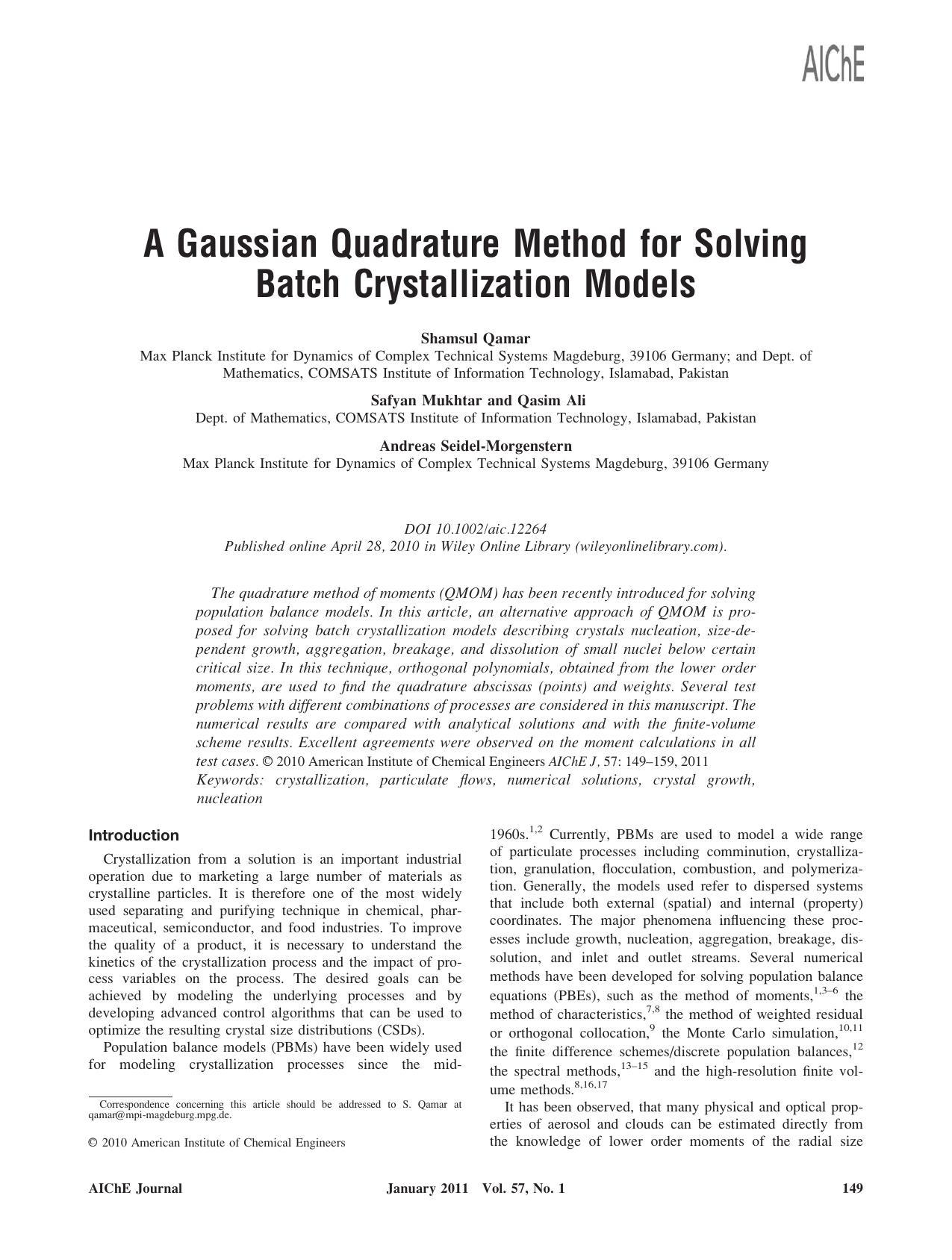 A Gaussian quadrature method for solving batch crystallization models by Unknown