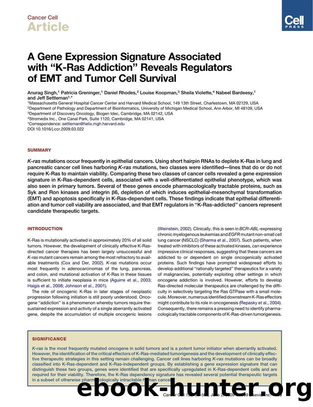 A Gene Expression Signature Associated with â¢â¢K-Ras Addictionâ¢â¢ Reveals Regulators of EMT and Tumor Cell Survival by unknow