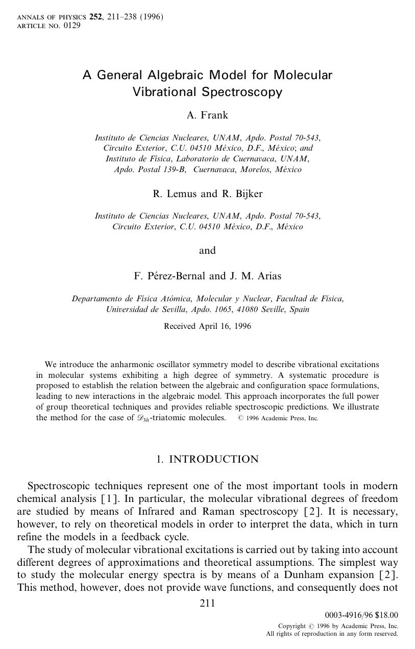 A General Algebraic Model for Molecular Vibrational Spectroscopy by Frank A. et al