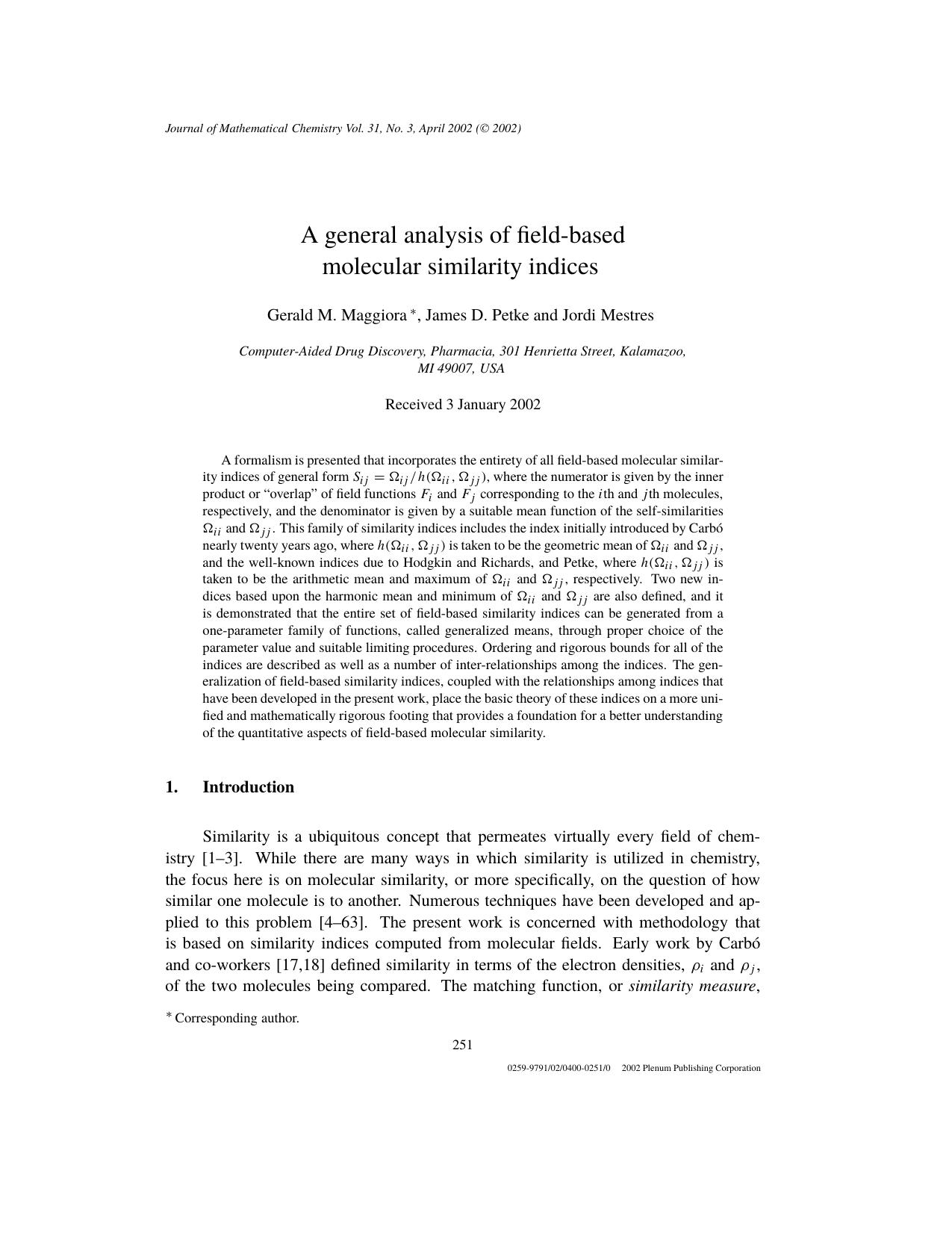 A General Analysis of Field-Based Molecular Similarity Indices by Unknown