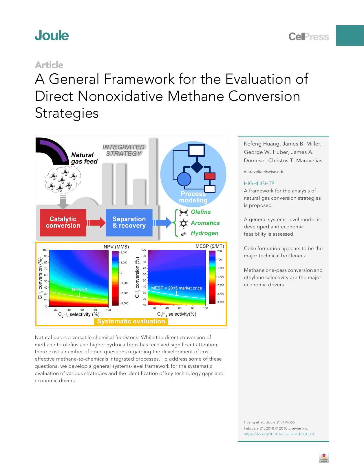 A General Framework for the Evaluation of Direct Nonoxidative Methane Conversion Strategies by Kefeng Huang & James B. Miller & George W. Huber & James A. Dumesic & Christos T. Maravelias