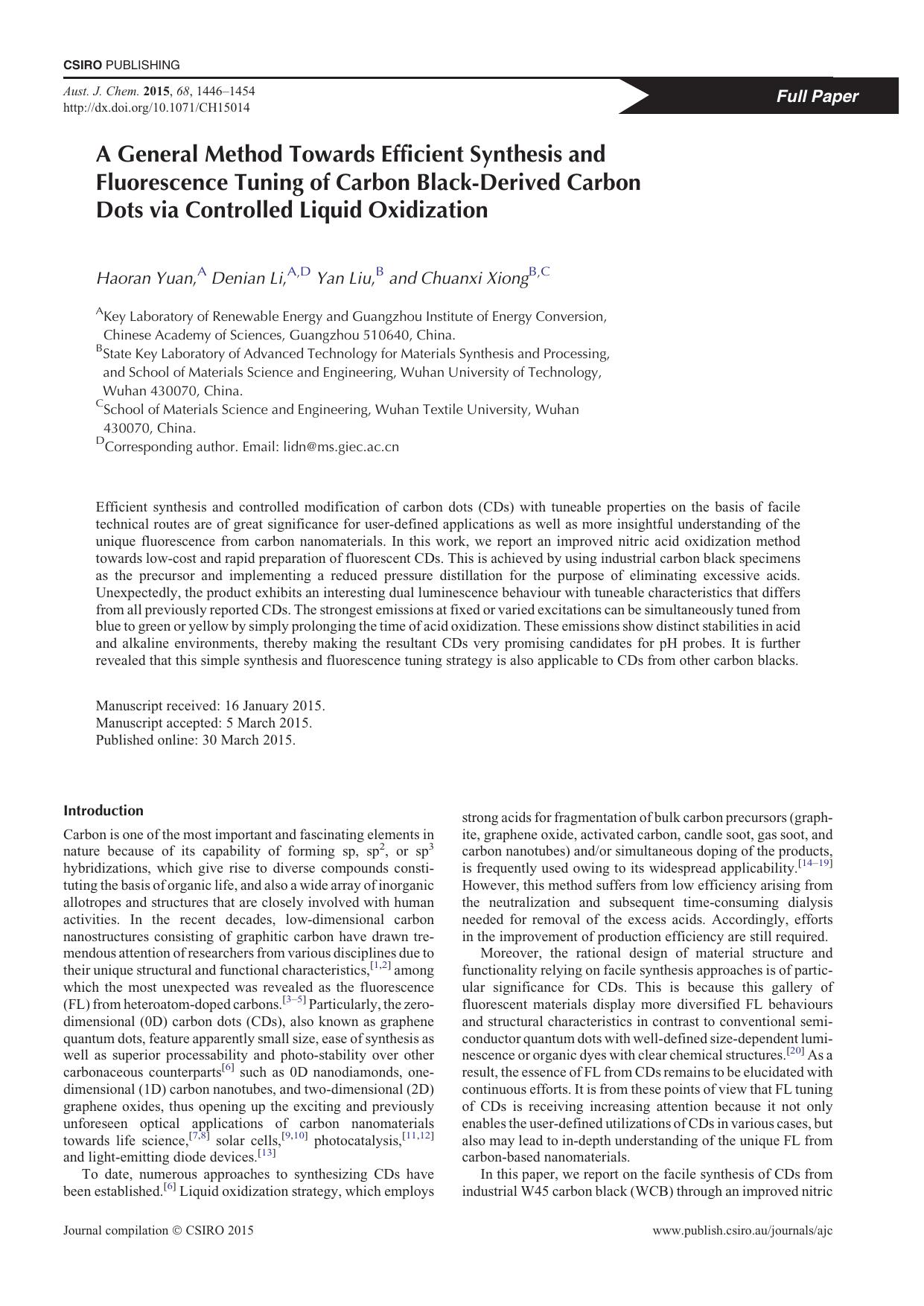 A General Method Towards Efficient Synthesis and Fluorescence Tuning of Carbon Black-Derived Carbon Dots via Controlled Liquid Oxidization by H. Yuan et al