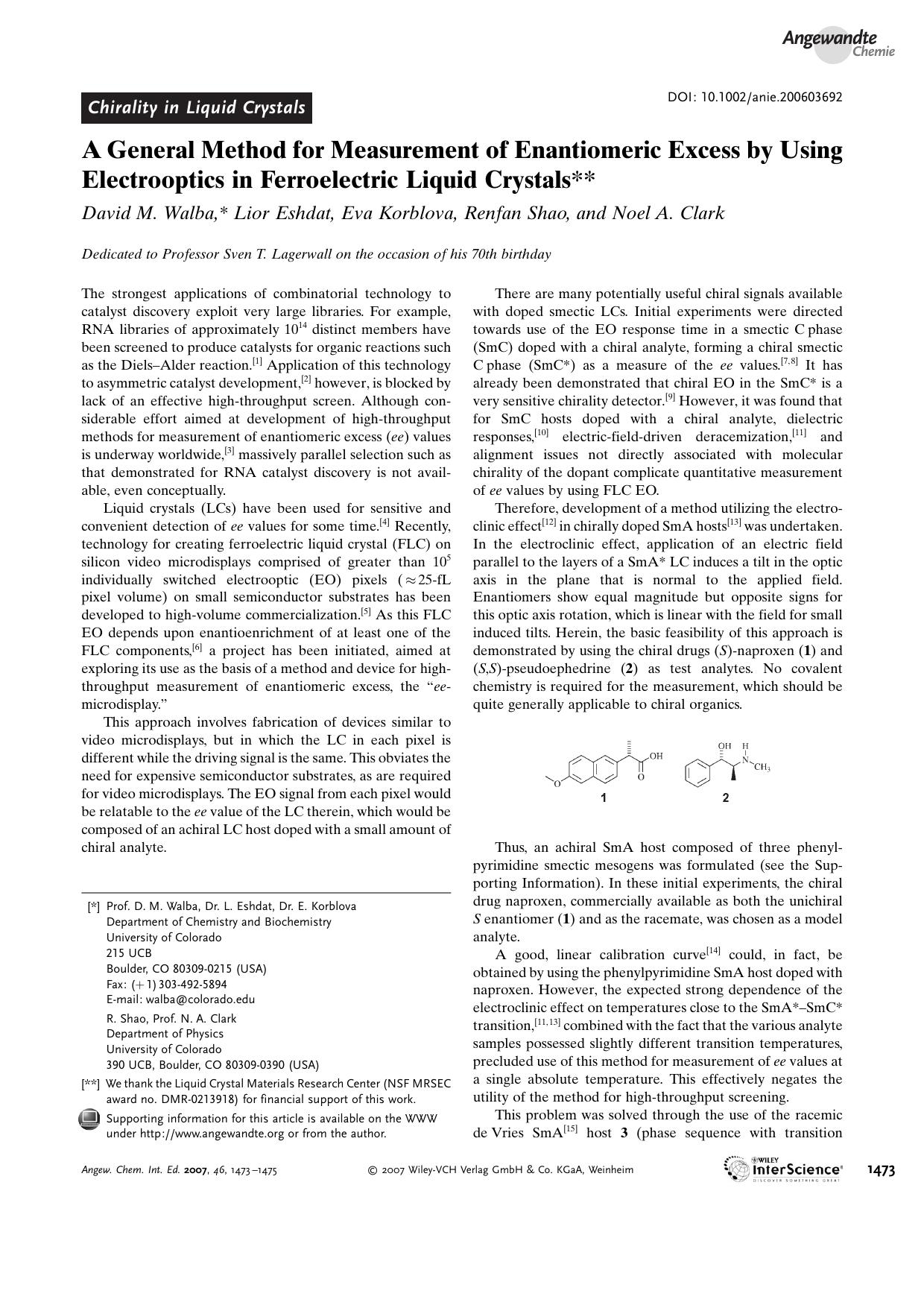 A General Method for Measurement of Enantiomeric Excess by Using Electrooptics in Ferroelectric Liquid Crystals by Unknown