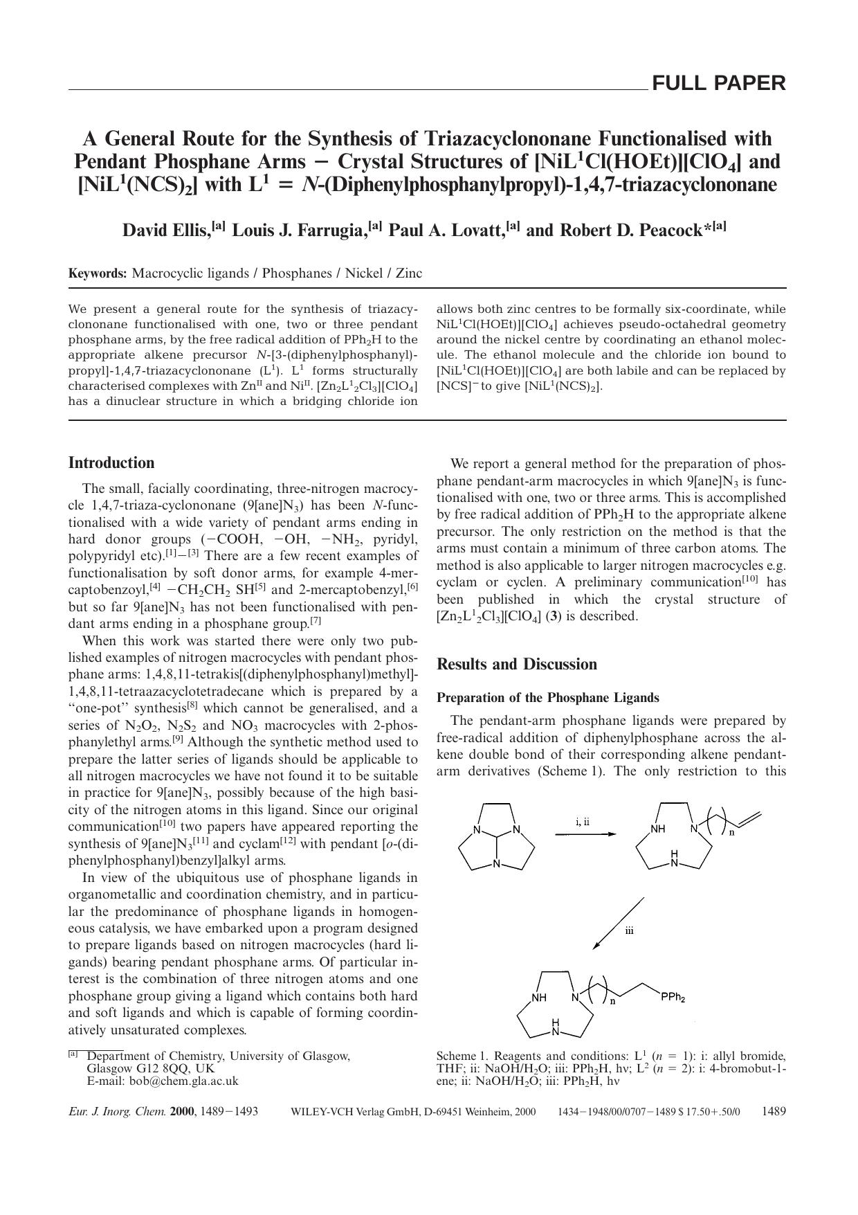 A General Route for the Synthesis of Triazacyclononane Functionalised with Pendant Phosphane Arms - Crystal Structures of [NiL1Cl(HOEt)][ClO4] and [NiL1(NCS)2] with L1 = N-(Dipheny by Unknown