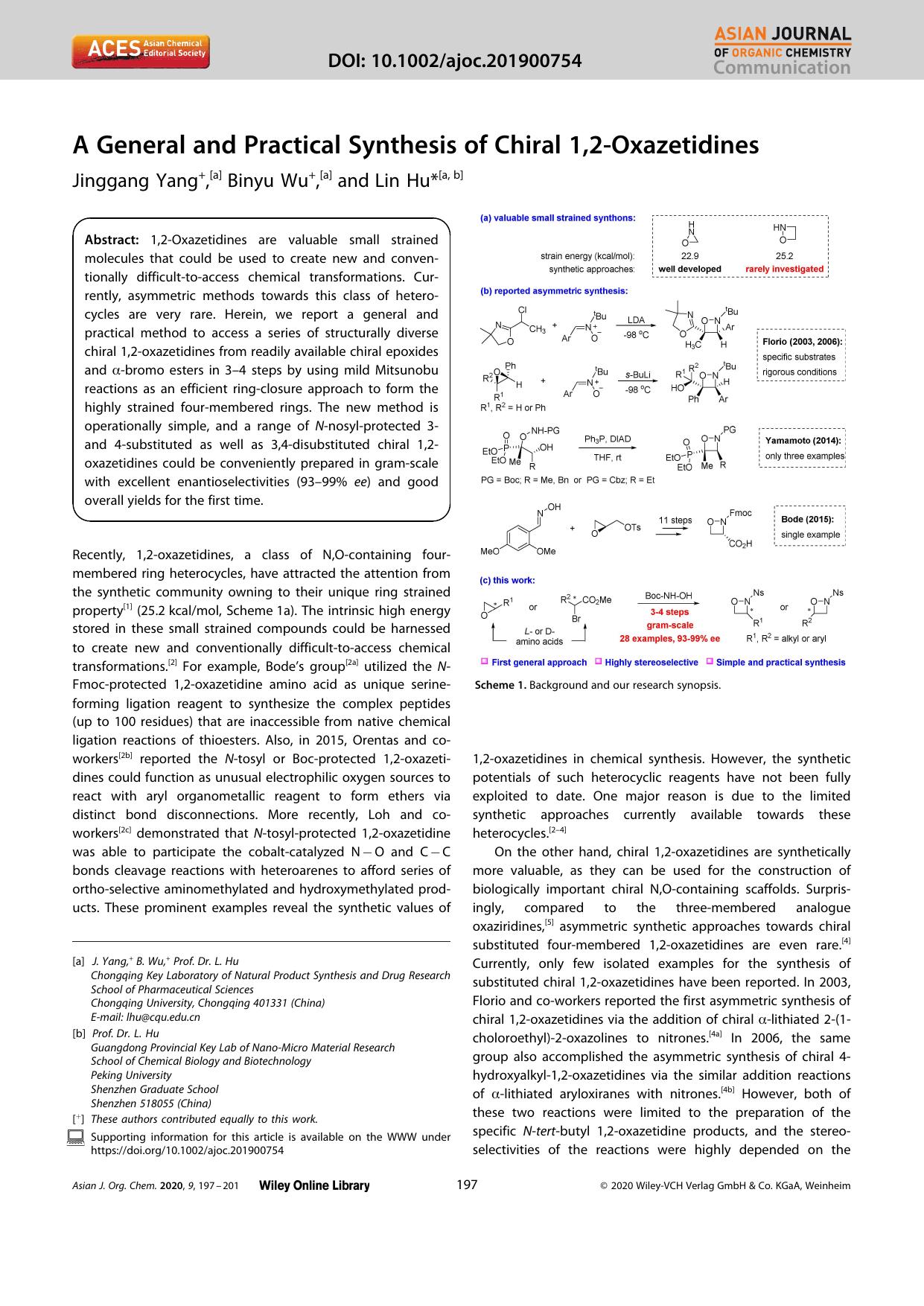A General and Practical Synthesis of Chiral 1,2âOxazetidines by Unknown