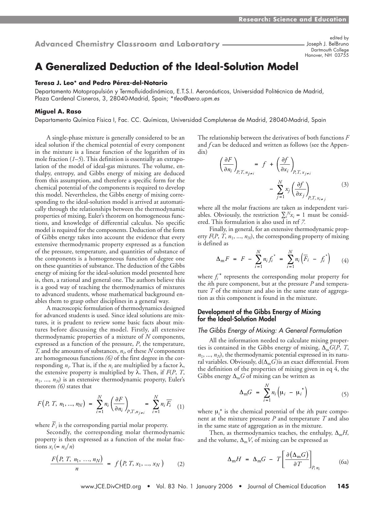 A Generalized Deduction of the Ideal-Solution Model by Teresa J. Leo Pedro P&&eacute;rez-del-Notario and Miguel A. Raso