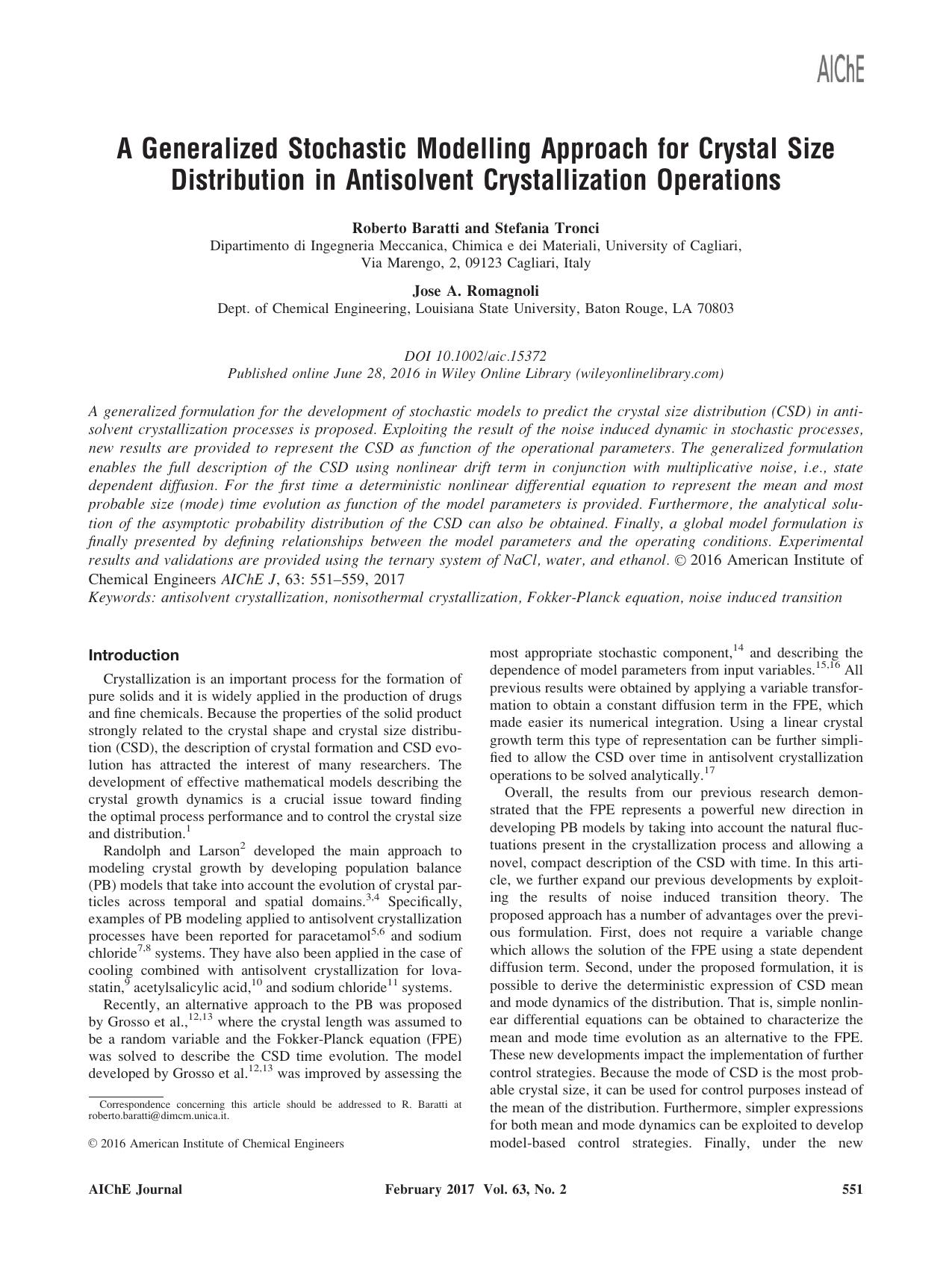 A Generalized Stochastic Modelling Approach for Crystal Size Distribution in Antisolvent Crystallization Operations by Unknown