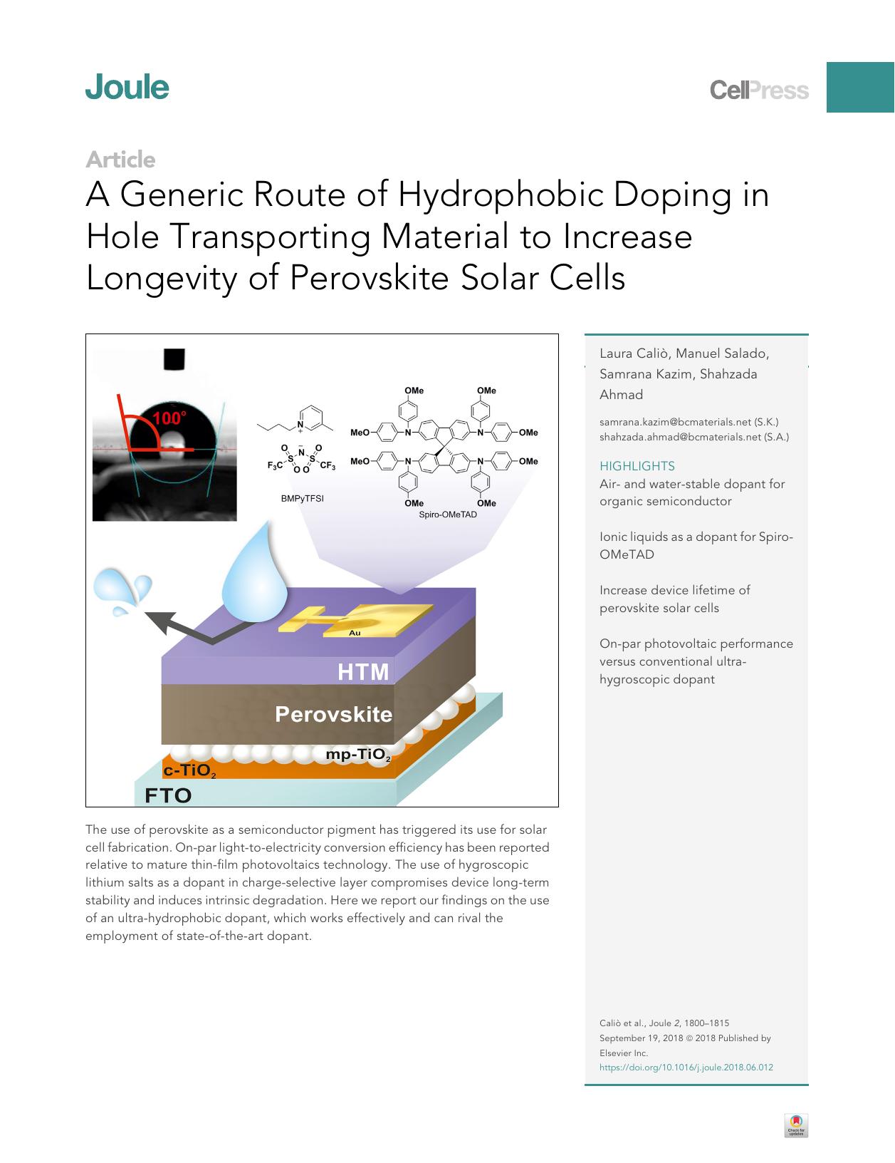 A Generic Route of Hydrophobic Doping in Hole Transporting Material to Increase Longevity of Perovskite Solar Cells by Laura Caliò & Manuel Salado & Samrana Kazim & Shahzada Ahmad