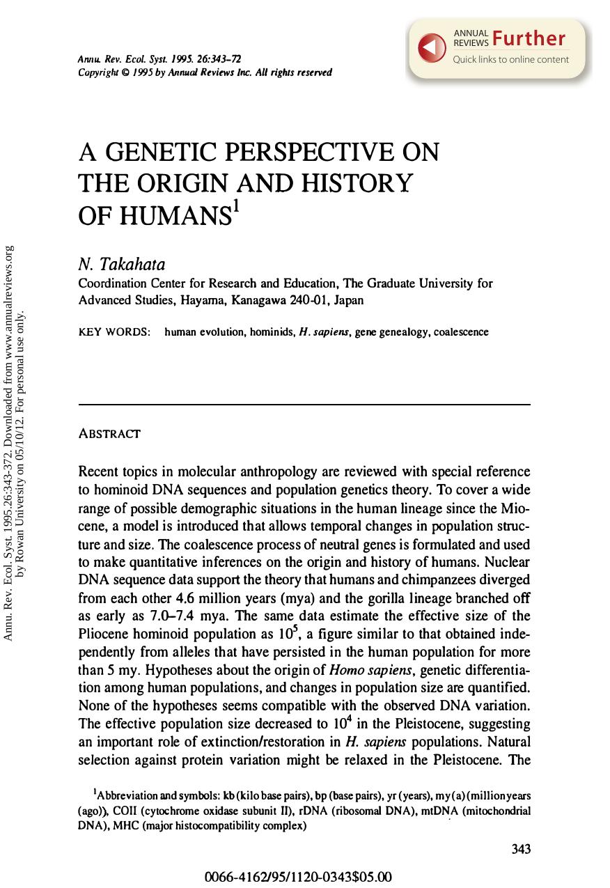 A Genetic Perspective on the Origin and History of Humans by N Takahata